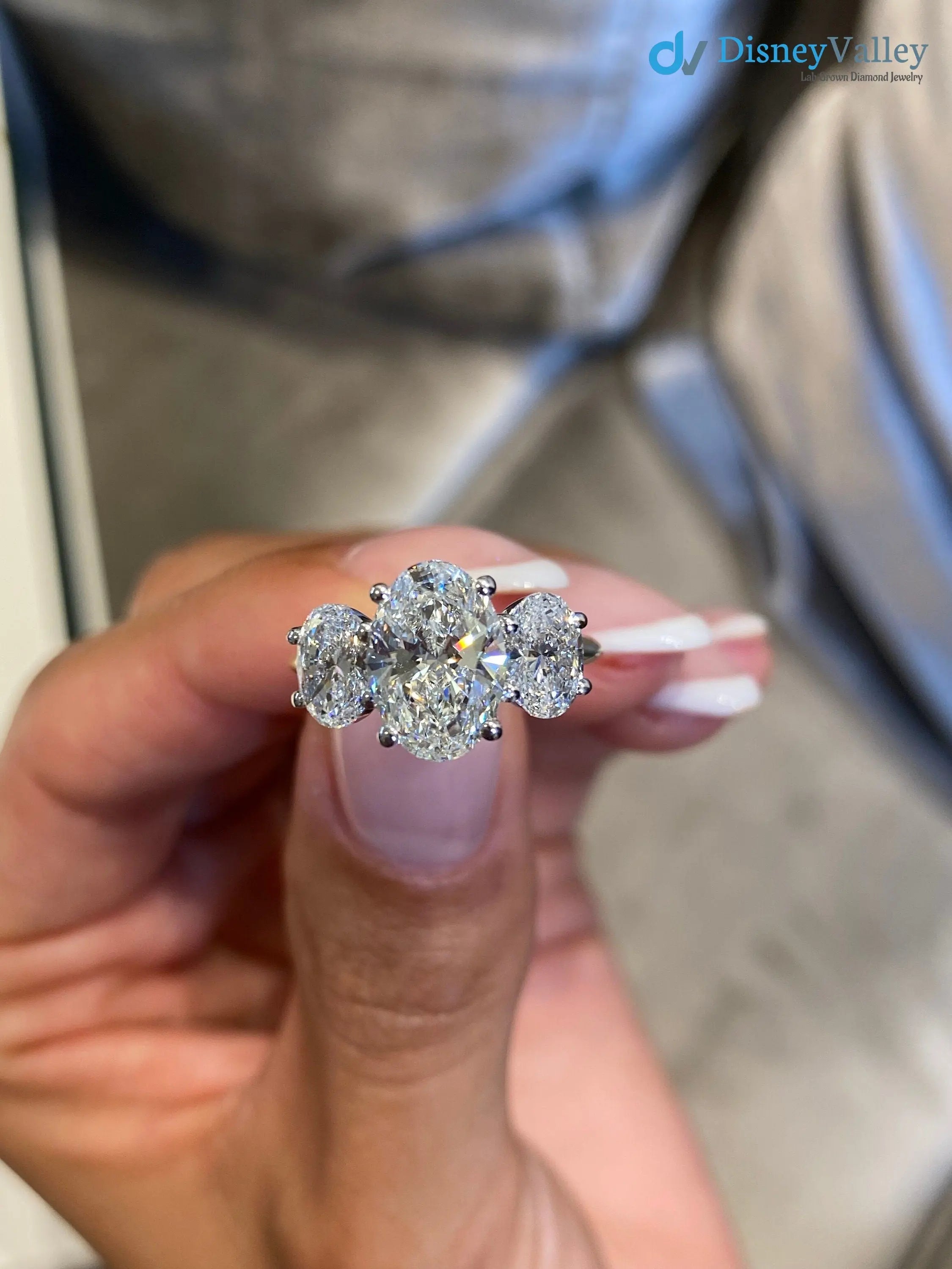 Tri Stone 3.0 Ct IGI Certified E/VS1 Oval Cut Lab Grown Diamond Engagement Ring - DisneyValley