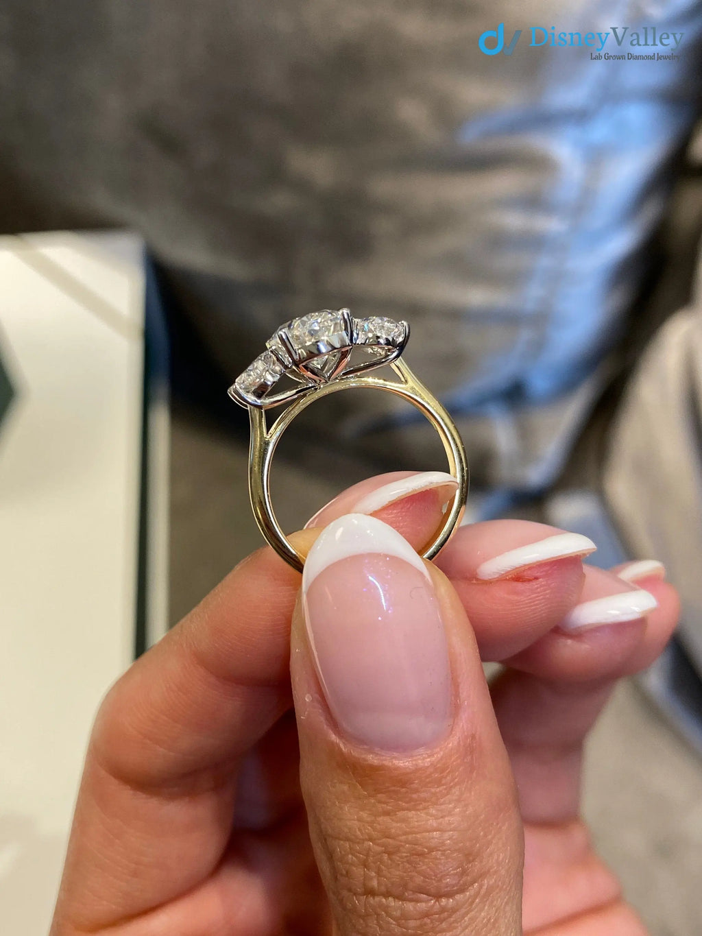 Tri Stone 3.0 Ct IGI Certified E/VS1 Oval Cut Lab Grown Diamond Engagement Ring - DisneyValley
