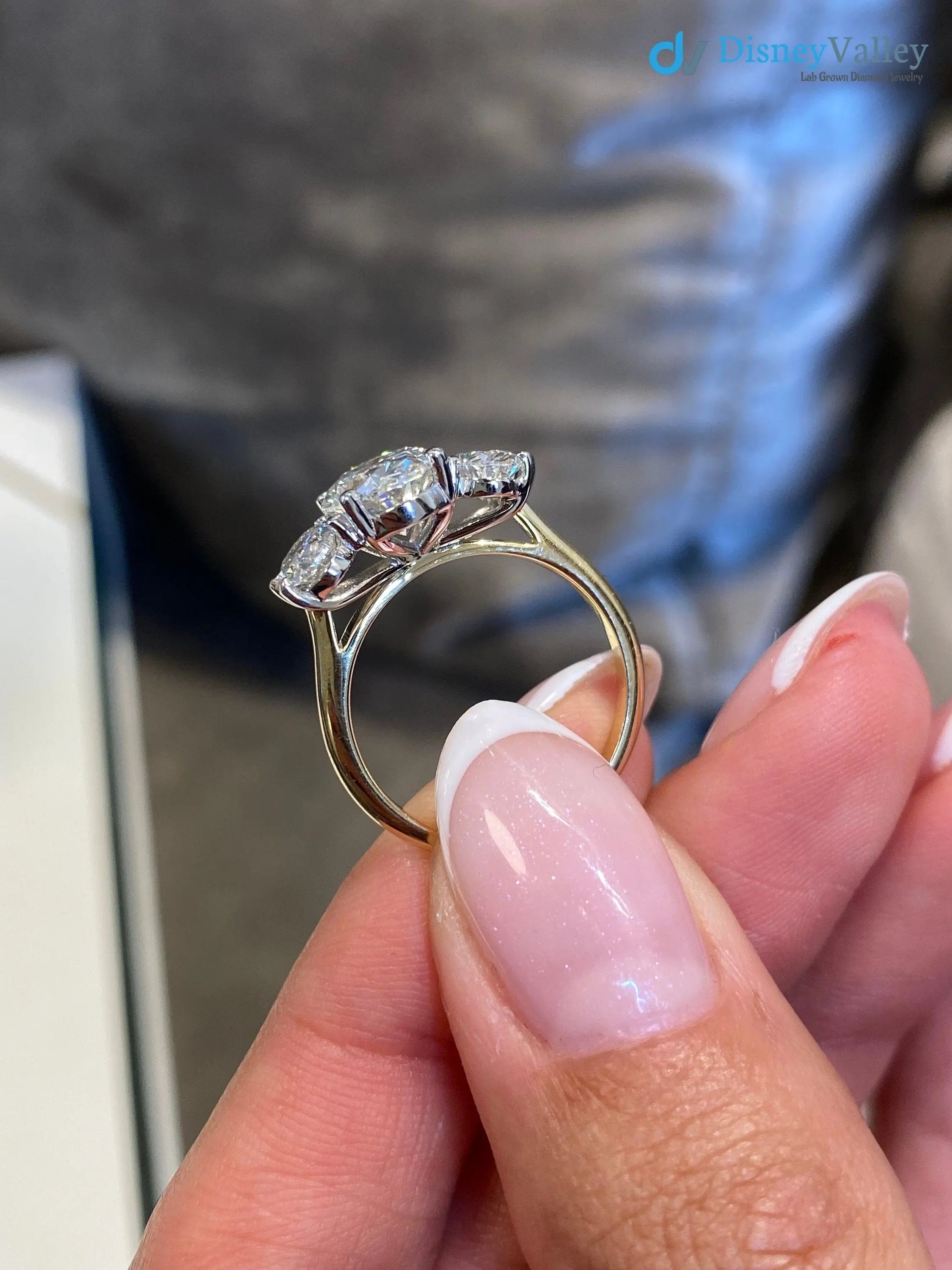 Tri Stone 3.0 Ct IGI Certified E/VS1 Oval Cut Lab Grown Diamond Engagement Ring - DisneyValley