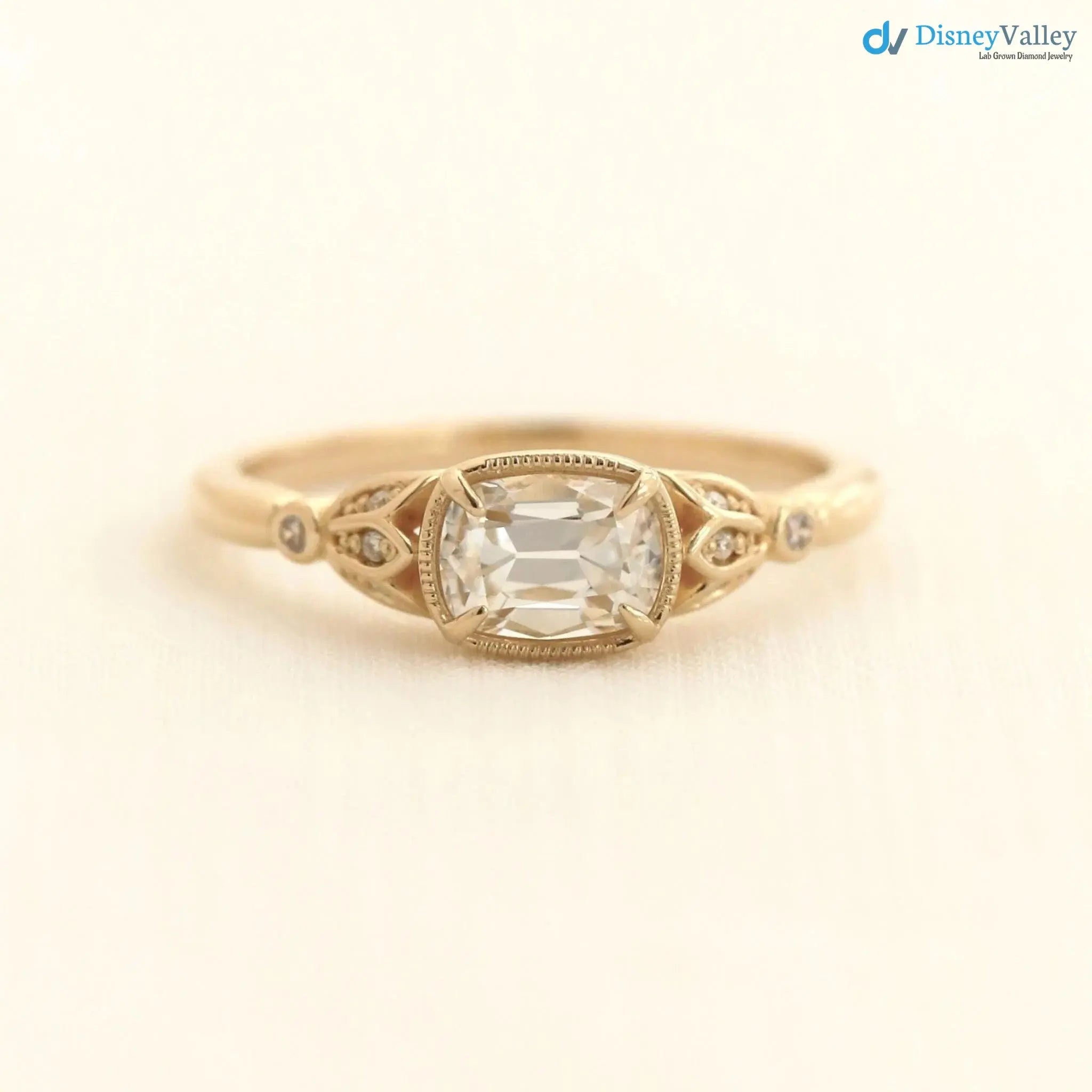 Tulip antique cushion lab diamond vintage engagement ring wedding ring DisneyValley Main image