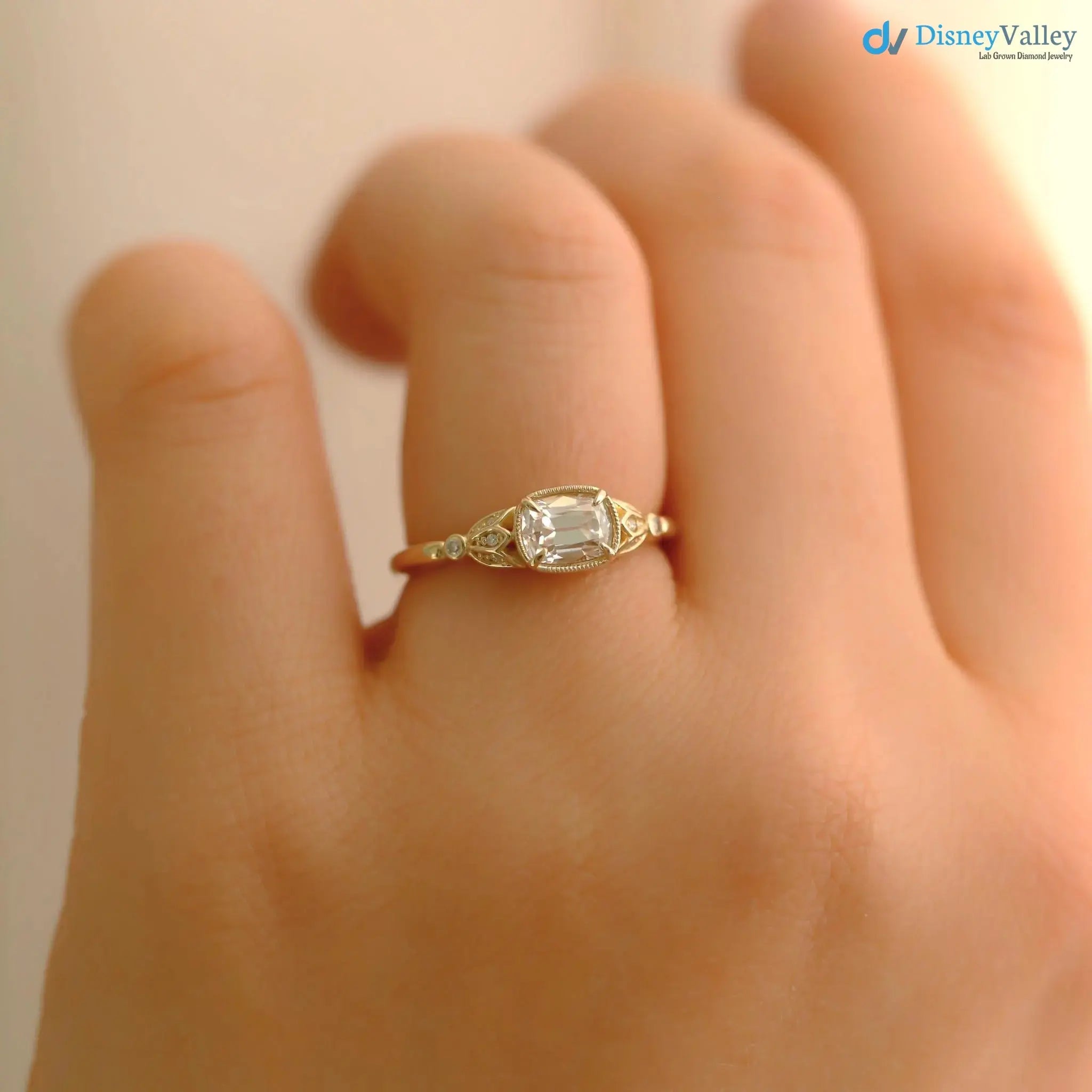Tulip antique cushion lab diamond vintage engagement ring wedding ring DisneyValley