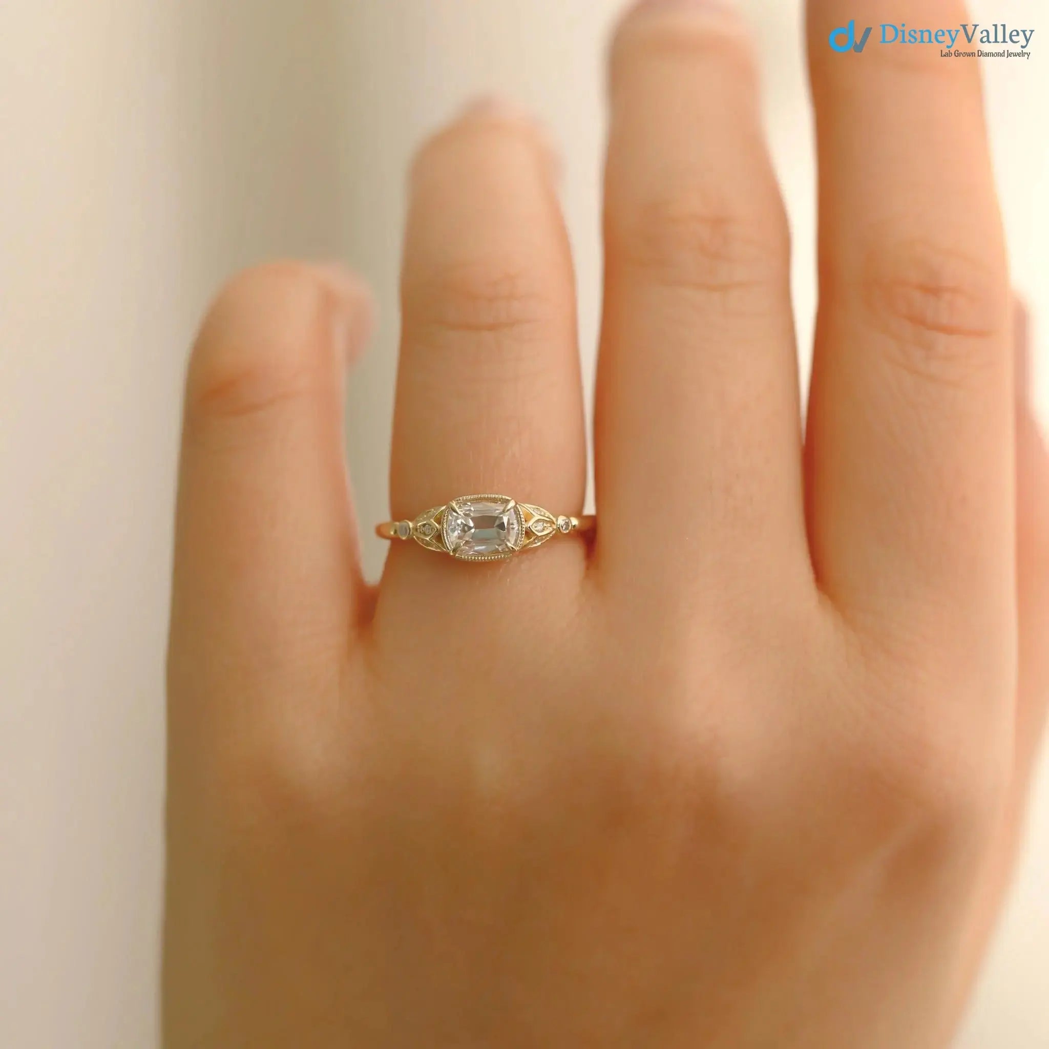Tulip antique cushion lab diamond vintage engagement ring wedding ring DisneyValley