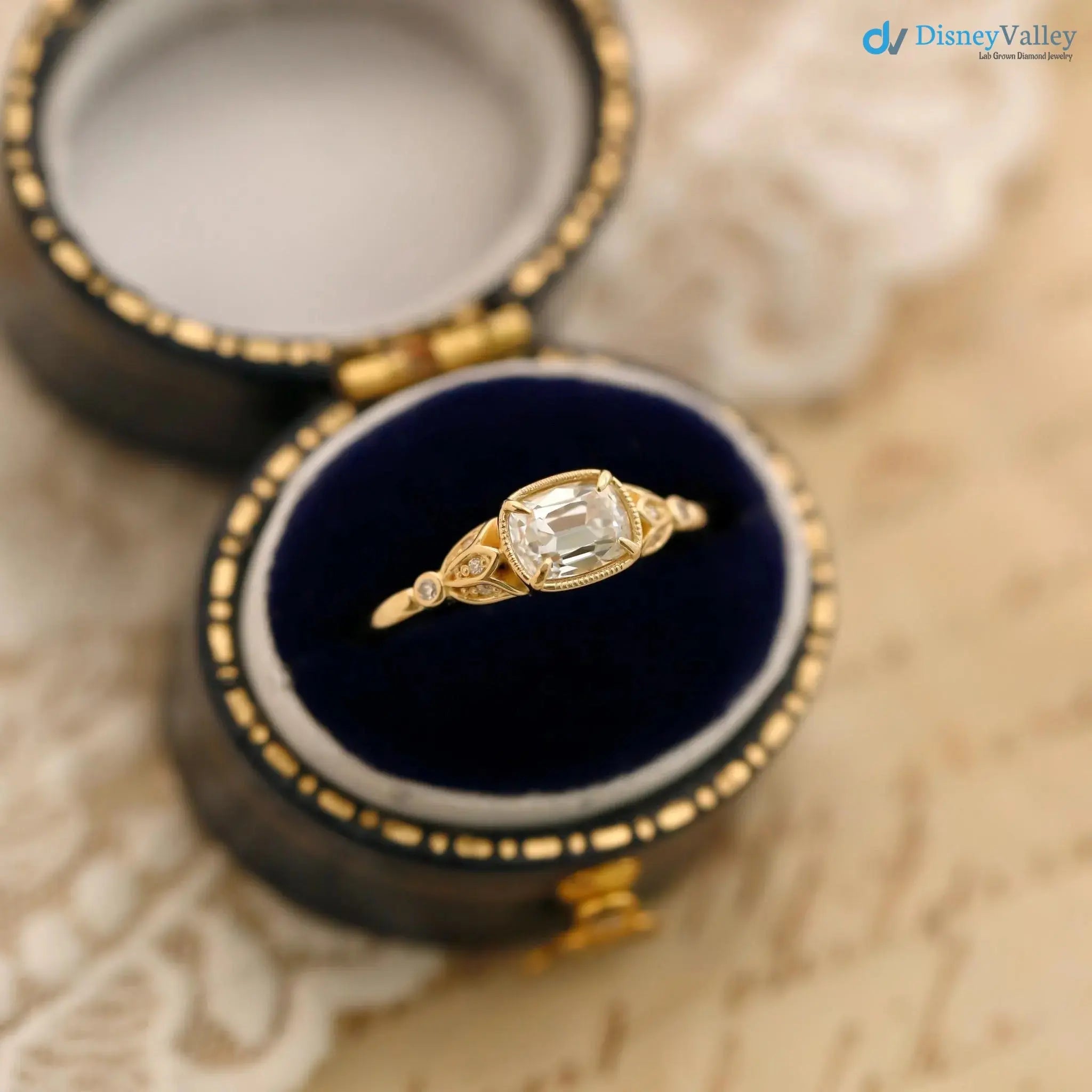 Tulip antique cushion lab diamond vintage engagement ring wedding ring DisneyValley