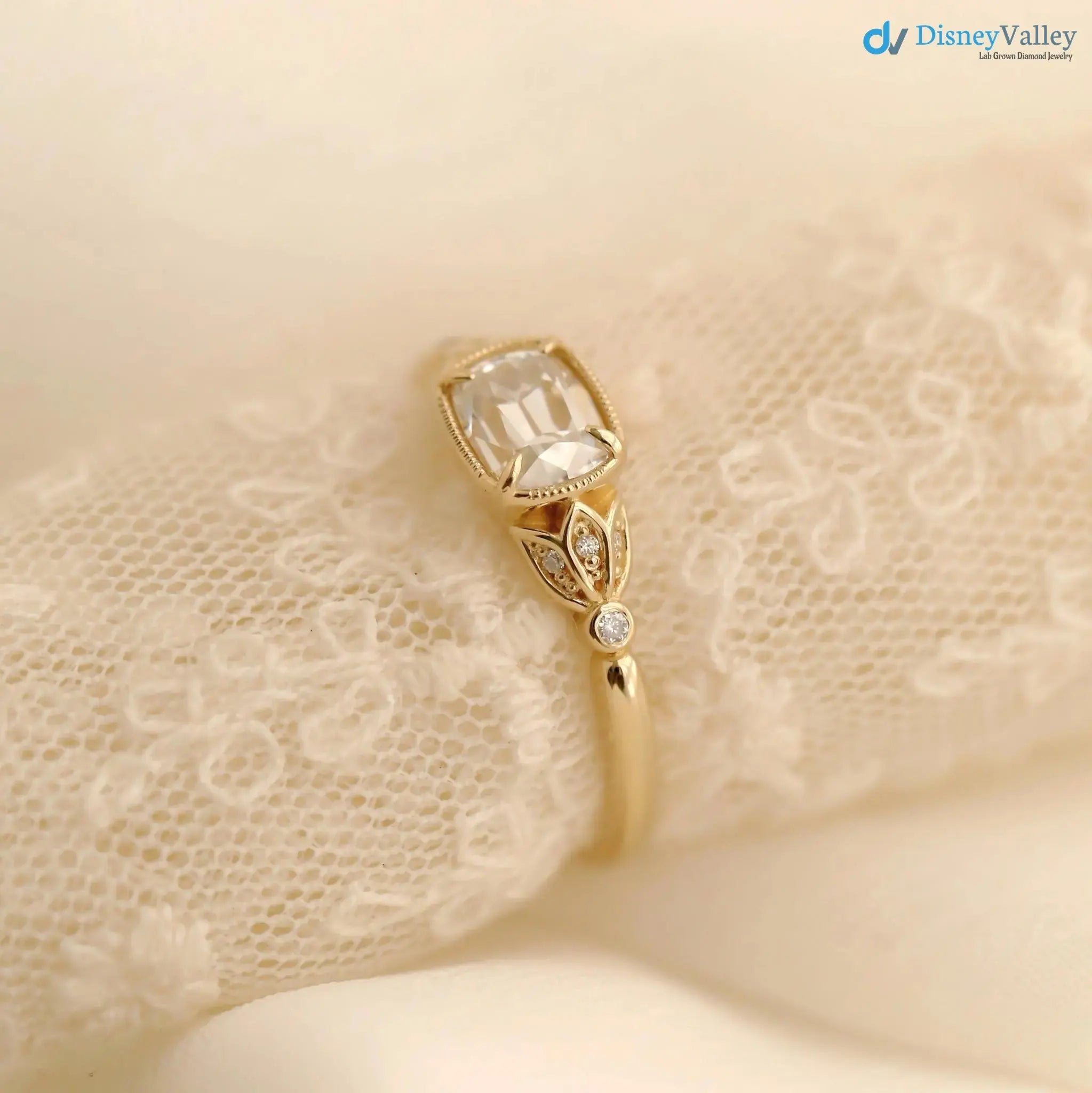 Tulip antique cushion lab diamond vintage engagement ring wedding ring DisneyValley