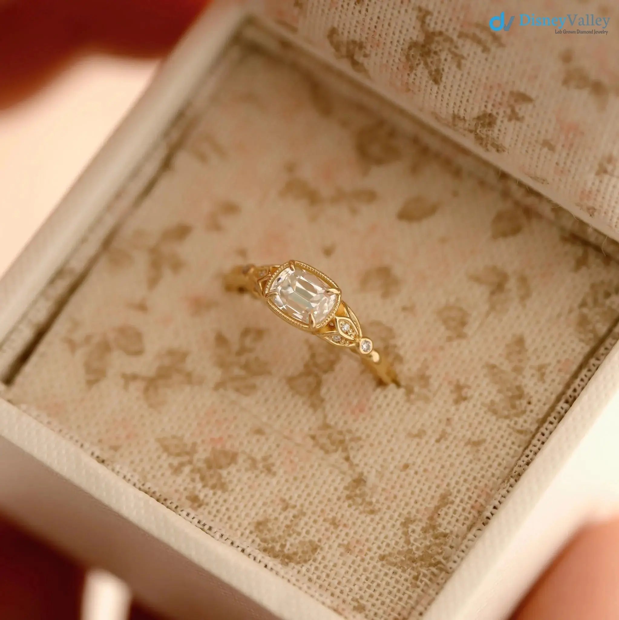 Tulip antique cushion lab diamond vintage engagement ring wedding ring DisneyValley