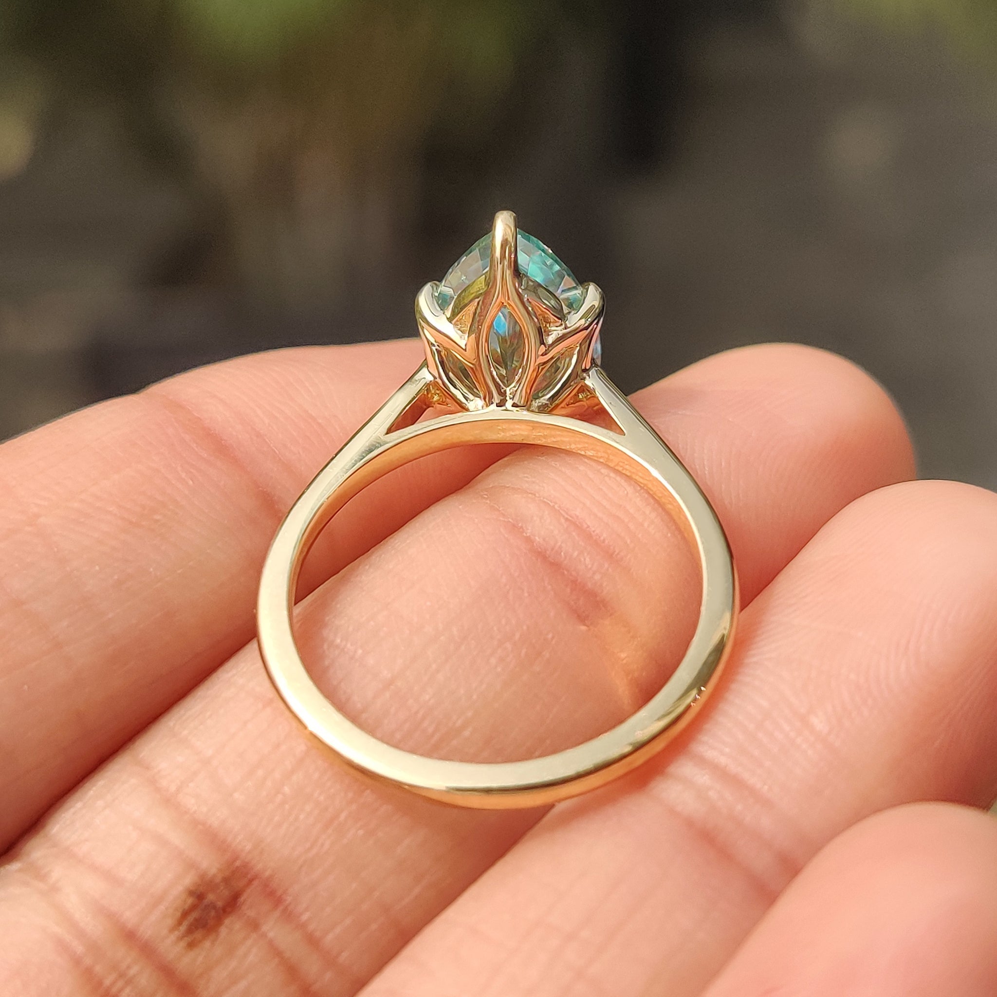 Cyan Blue Pear Cut Moissanite Ring in Solitaire Style