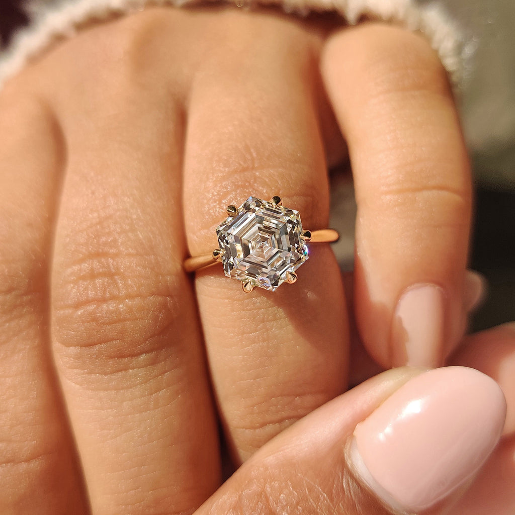 Hexagon Cut Diamond Solitaire Engagement Ring In Tulip Setting