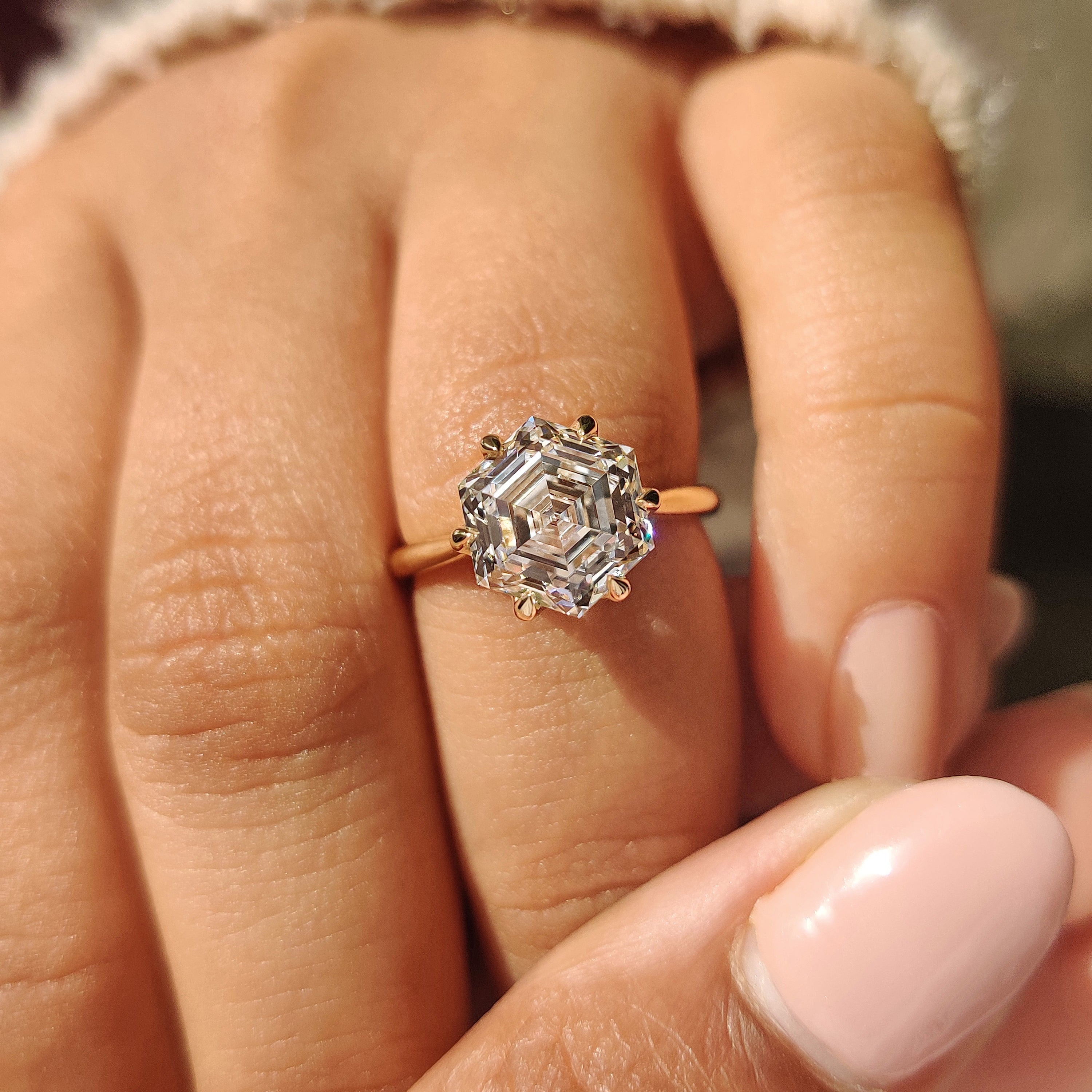 Hexagon Cut Diamond Solitaire Engagement Ring In Tulip Setting
