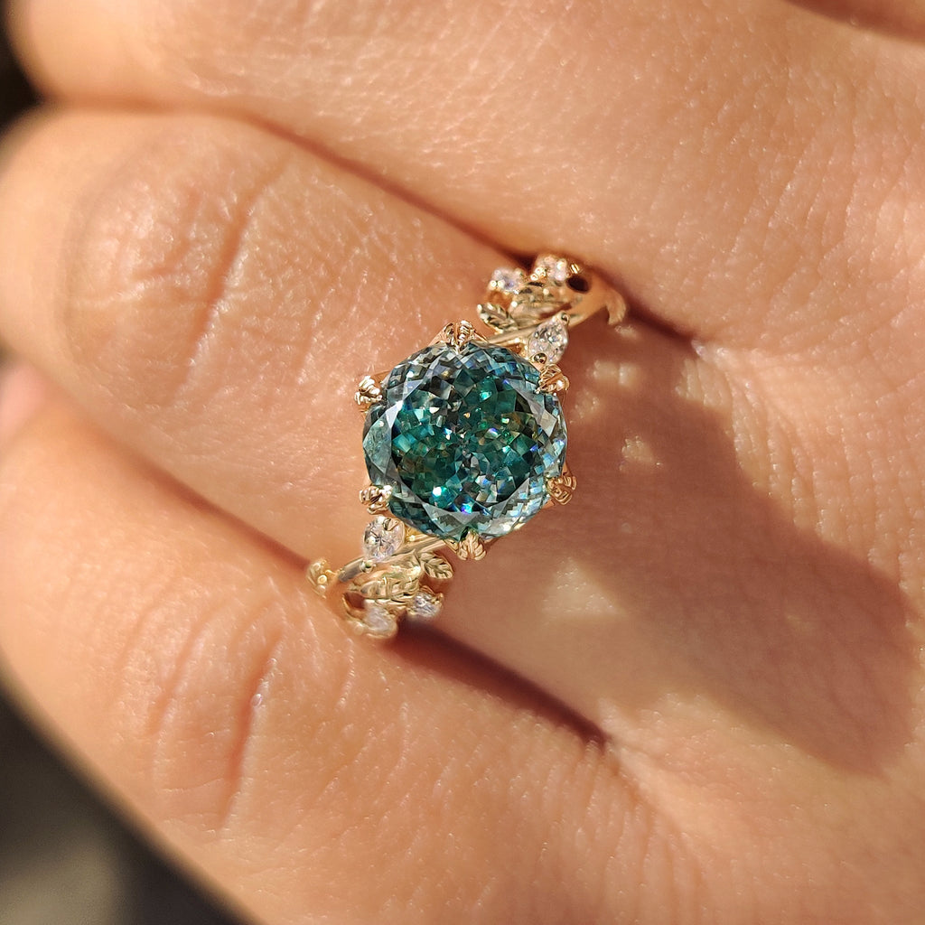 Nature Inspired Cyan Blue Portuguese Cut Moissanite Ring in Tulip Setting