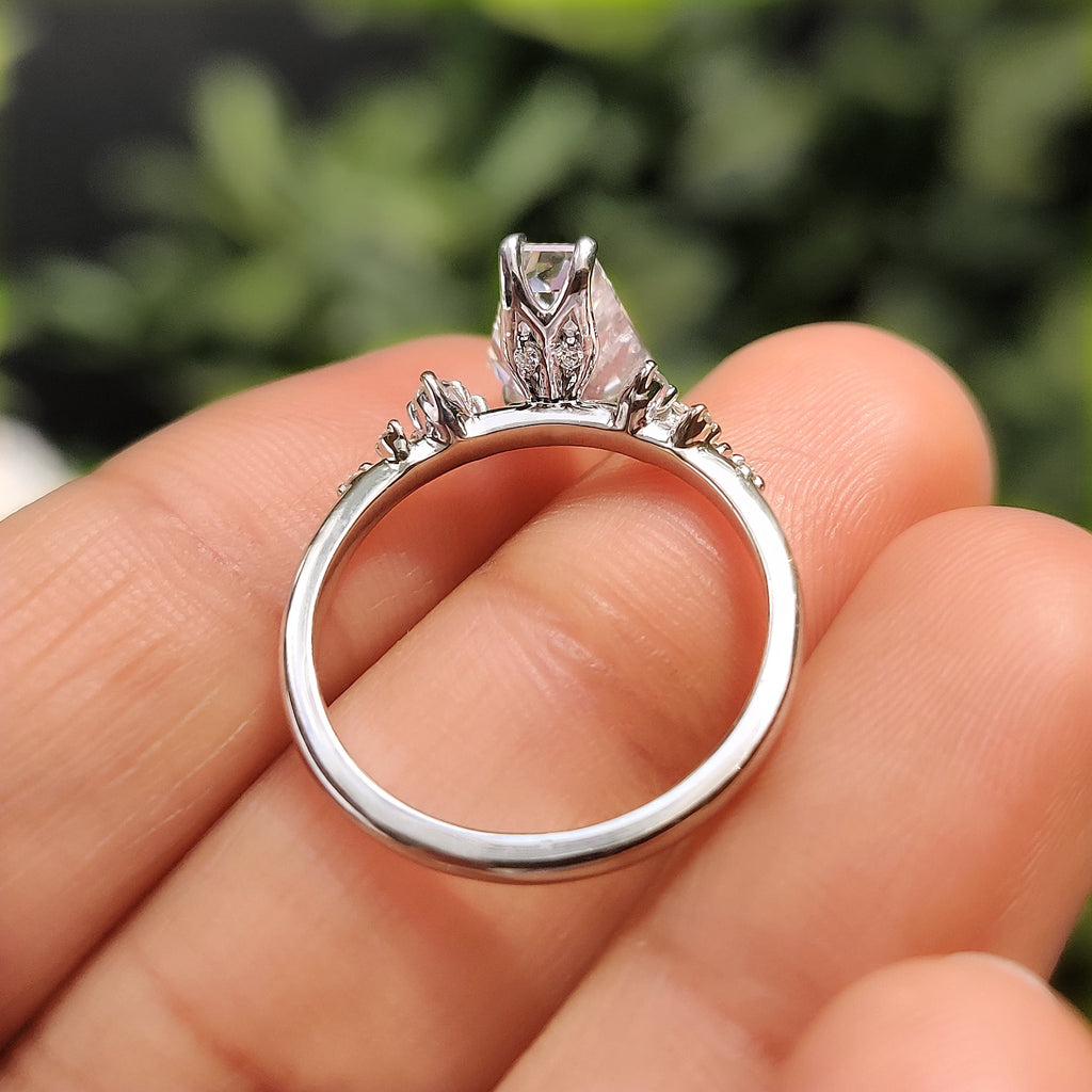 Coffin Cut Engagement Ring with Round Side Stone