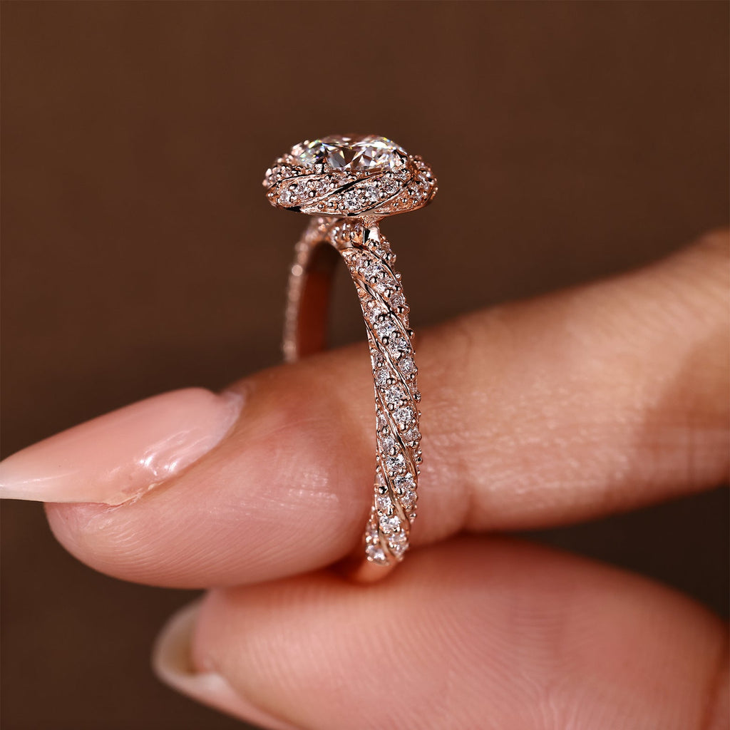 Round Cut Diamond Ring in Halo Style with Twisted Design