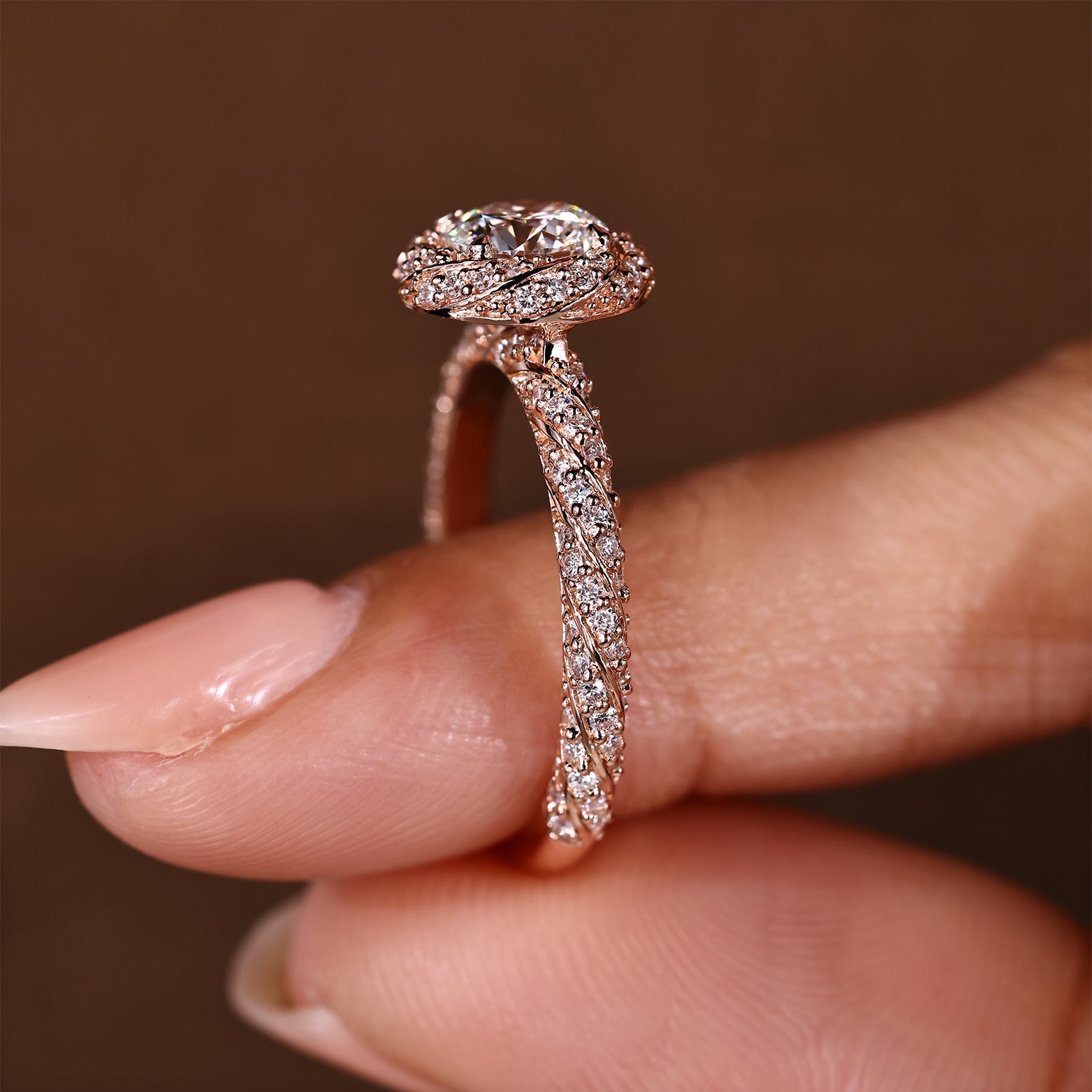 Round Cut Diamond Ring in Halo Style with Twisted Design