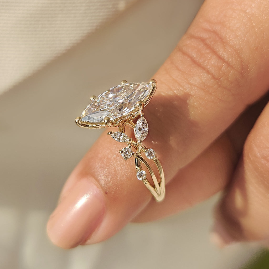 Marquise Diamond Nature Inspired Engagement Ring in Tulip Setting