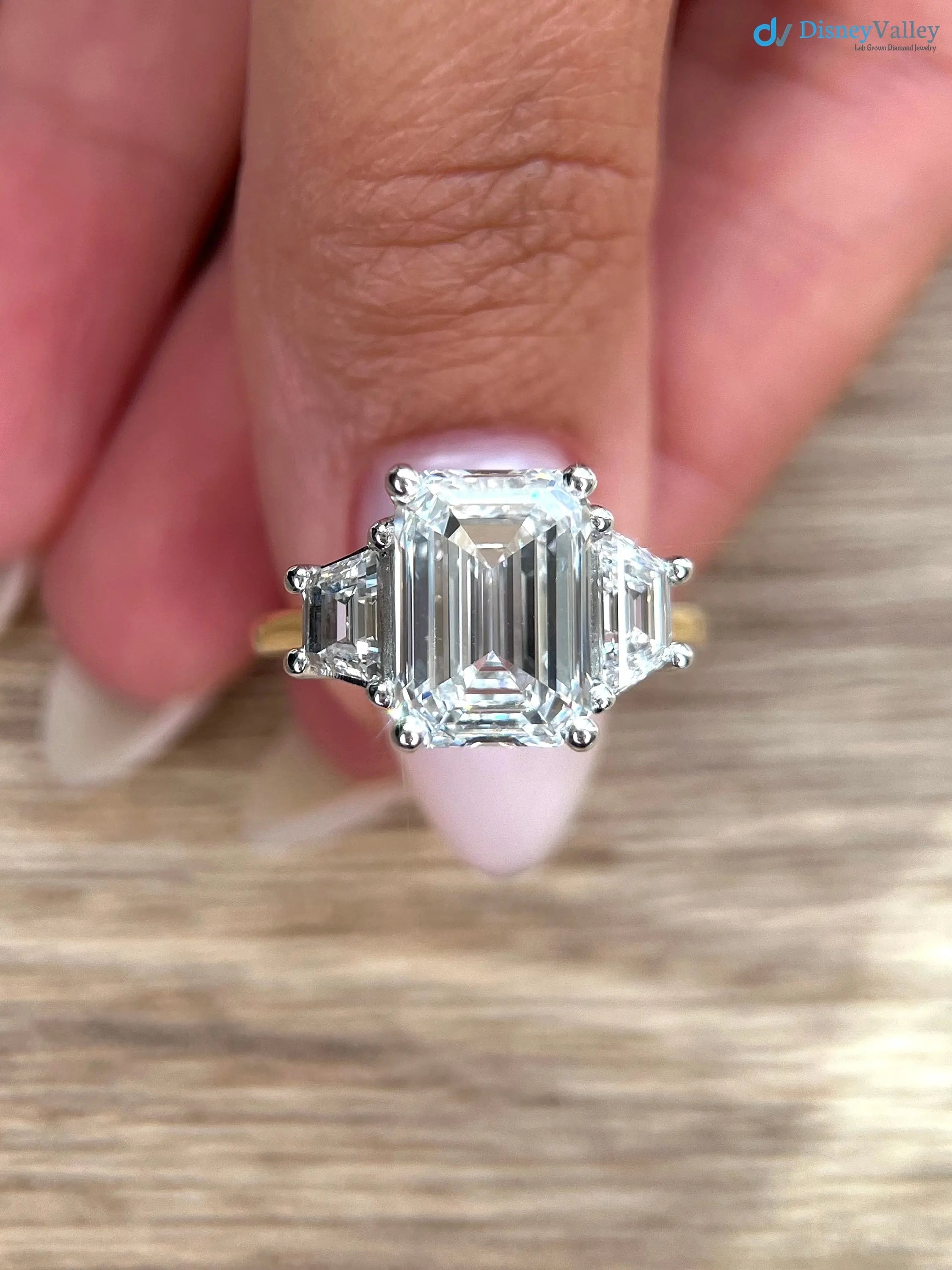 Two Tone Emerald Cut 5 carat IGI Certified Lab Grown Diamond Three Stone Engagement Ring - DisneyValley Main image