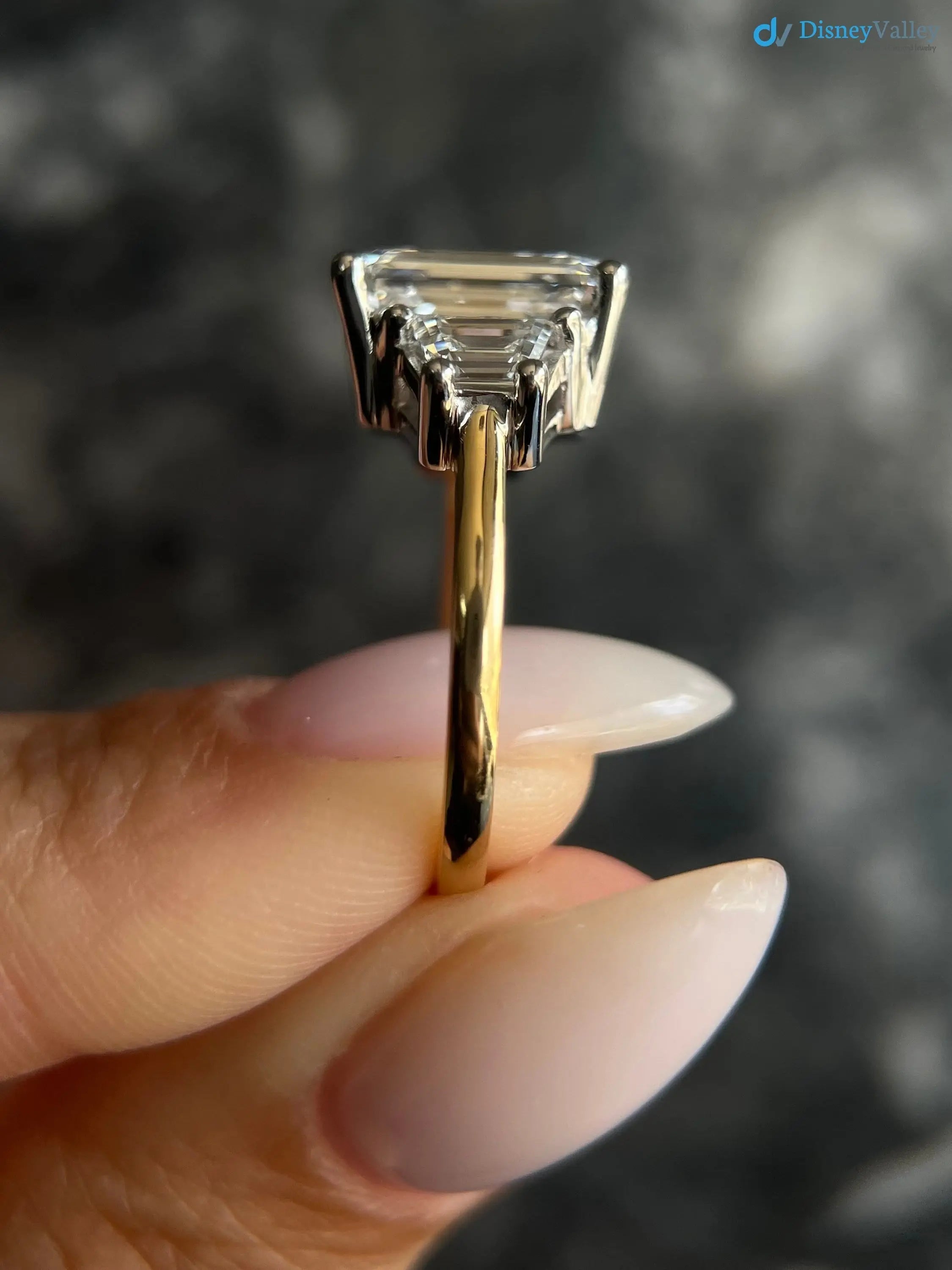 Two Tone Emerald Cut 5 carat IGI Certified Lab Grown Diamond Three Stone Engagement Ring Secondary image