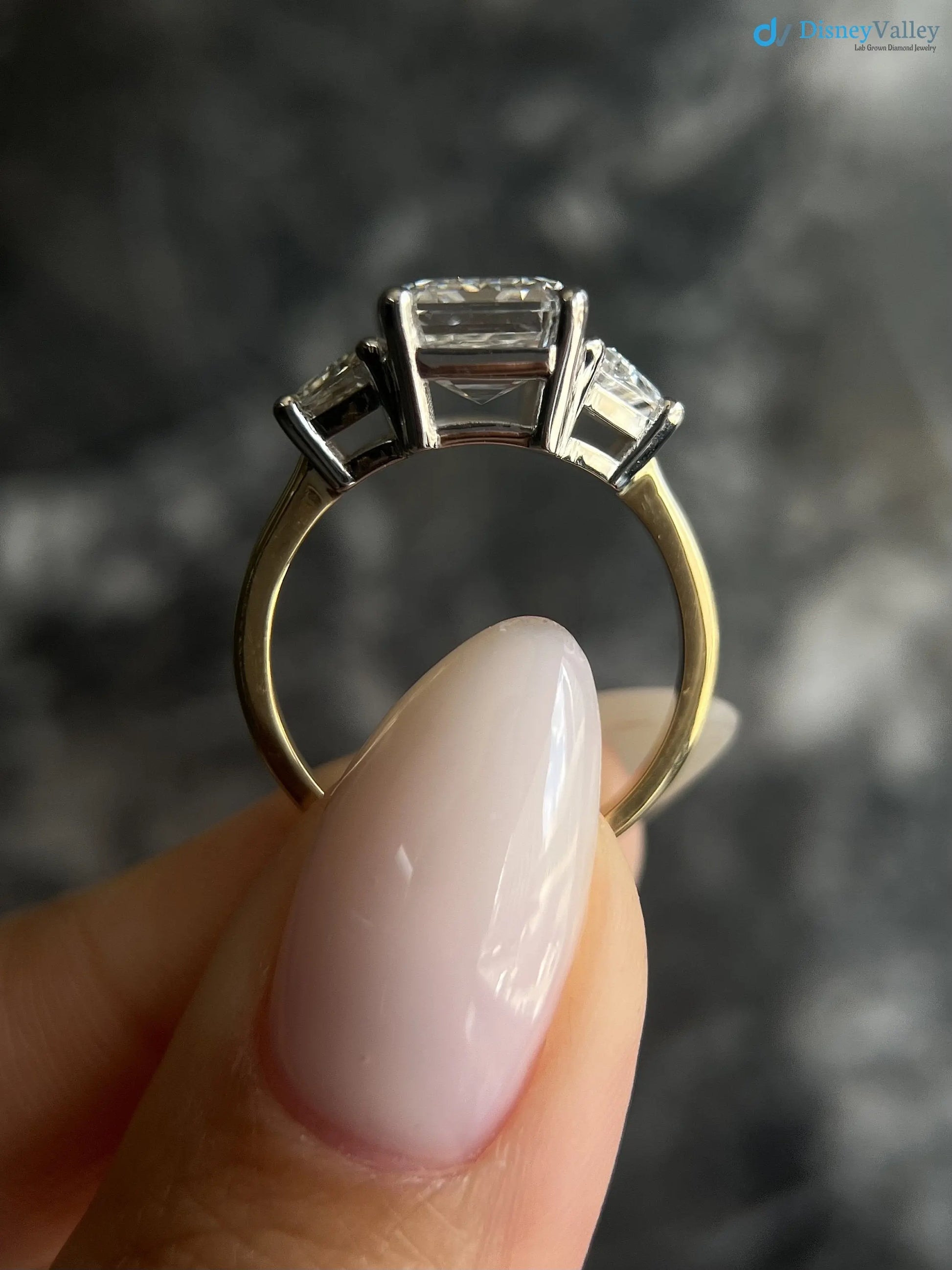 Two Tone Emerald Cut 5 carat IGI Certified Lab Grown Diamond Three Stone Engagement Ring - DisneyValley