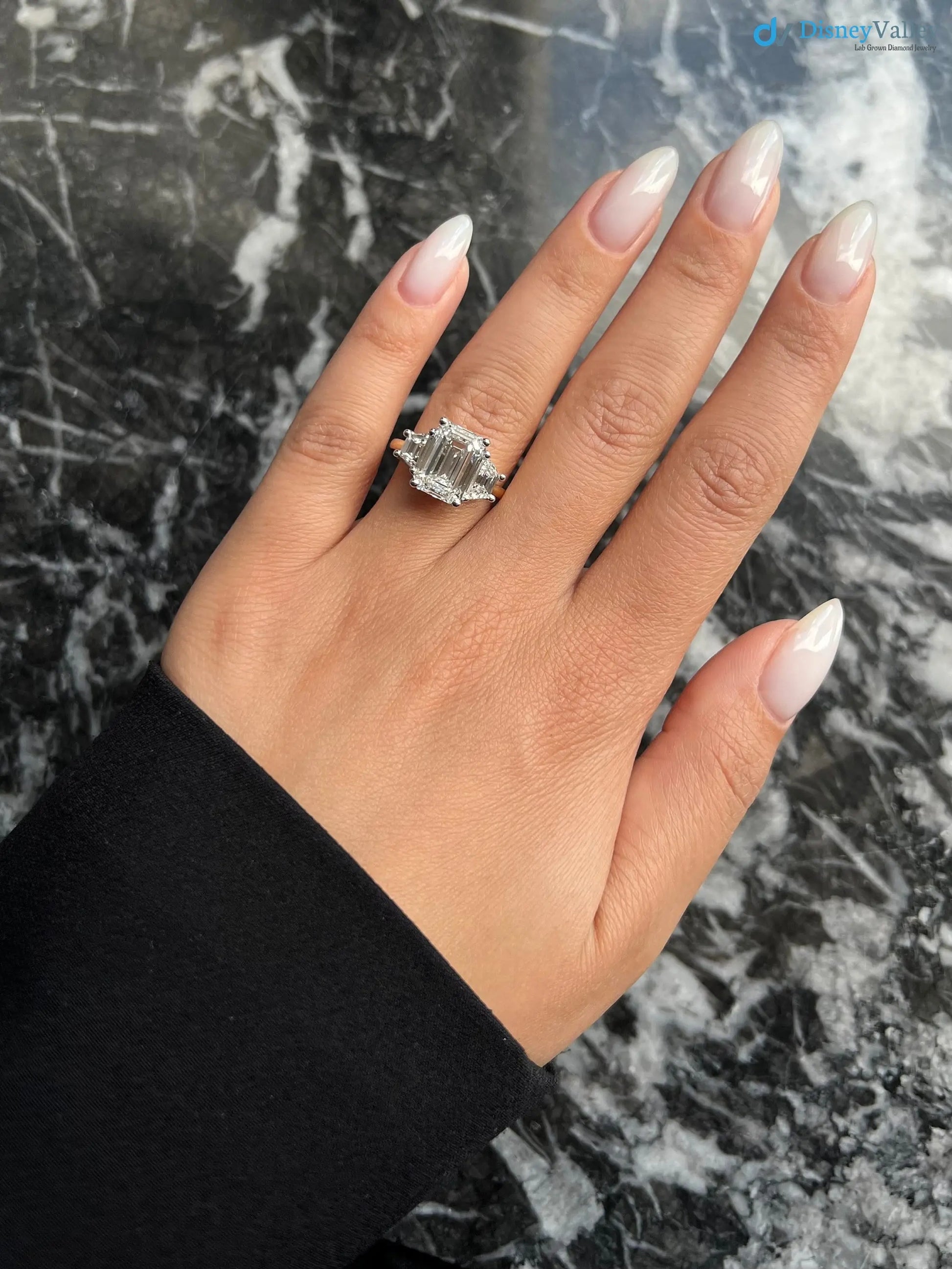 Two Tone Emerald Cut 5 carat IGI Certified Lab Grown Diamond Three Stone Engagement Ring - DisneyValley