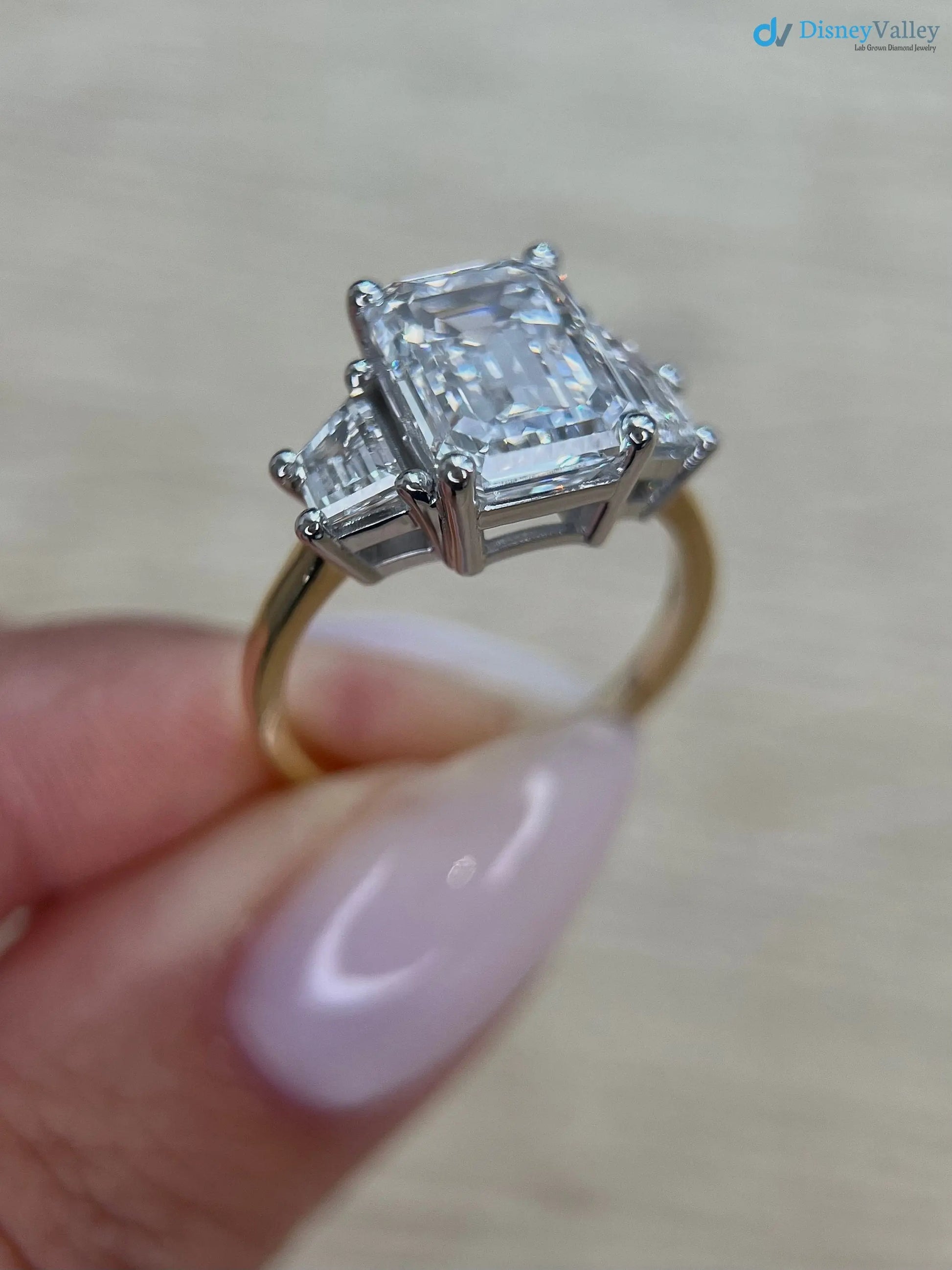 Two Tone Emerald Cut 5 carat IGI Certified Lab Grown Diamond Three Stone Engagement Ring - DisneyValley