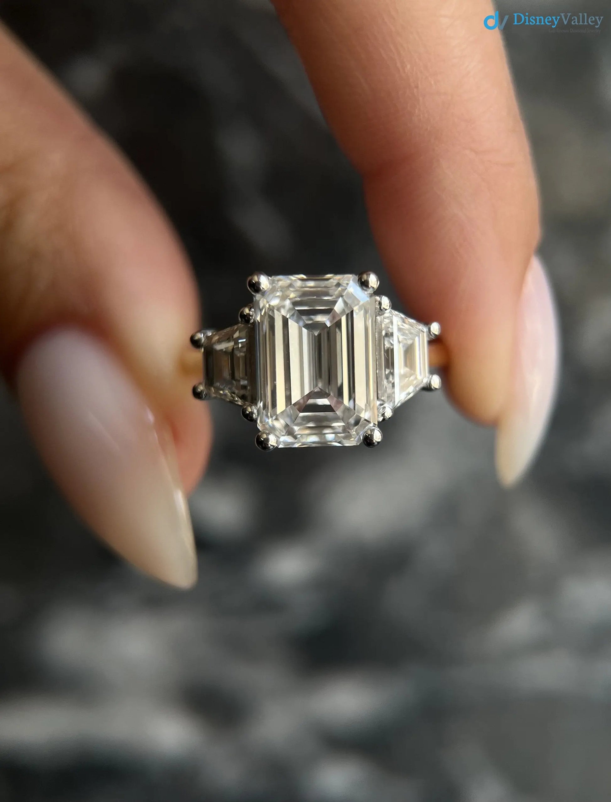 Two Tone Emerald Cut 5 carat IGI Certified Lab Grown Diamond Three Stone Engagement Ring - DisneyValley