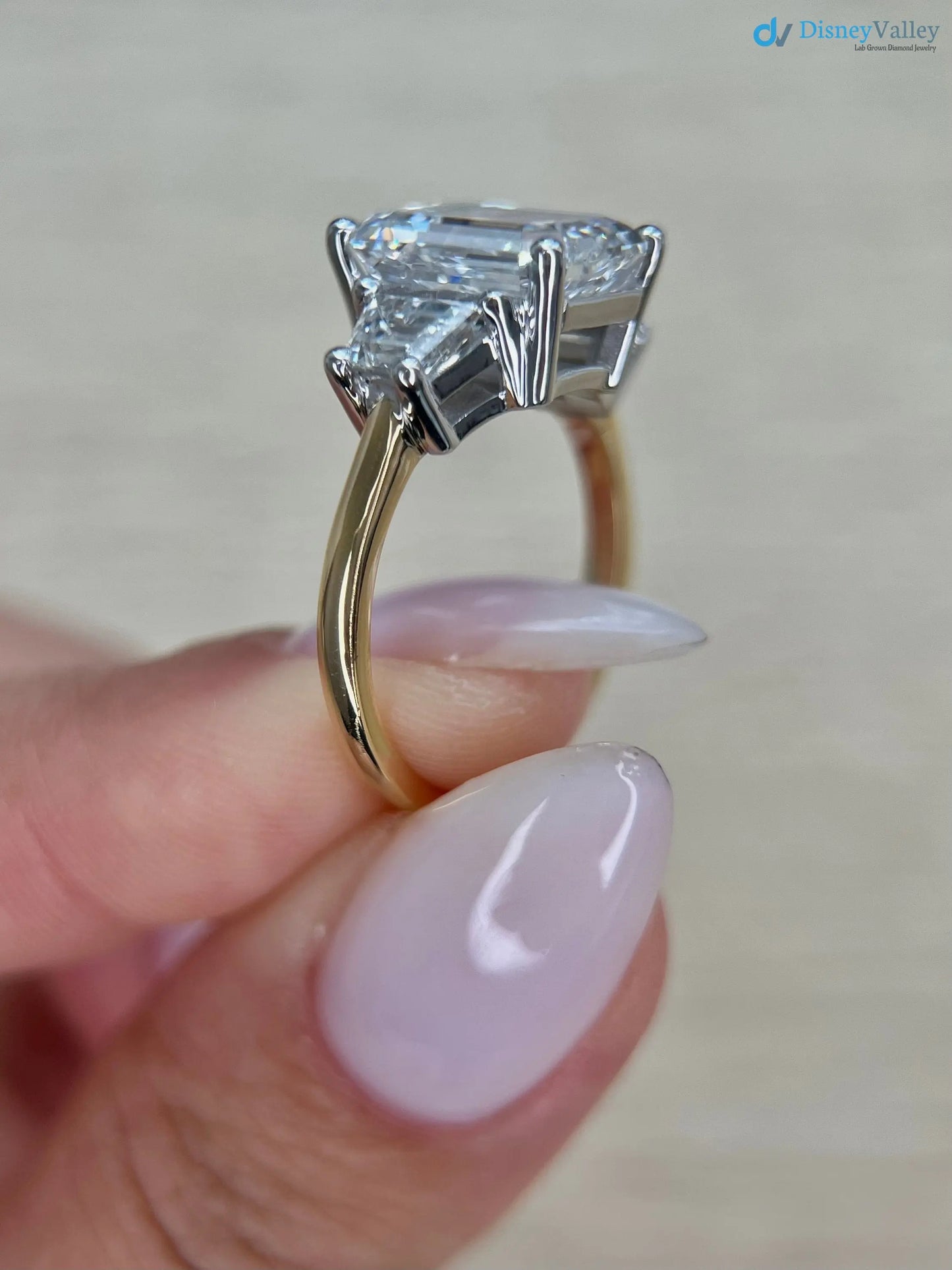Two Tone Emerald Cut 5 carat IGI Certified Lab Grown Diamond Three Stone Engagement Ring - DisneyValley