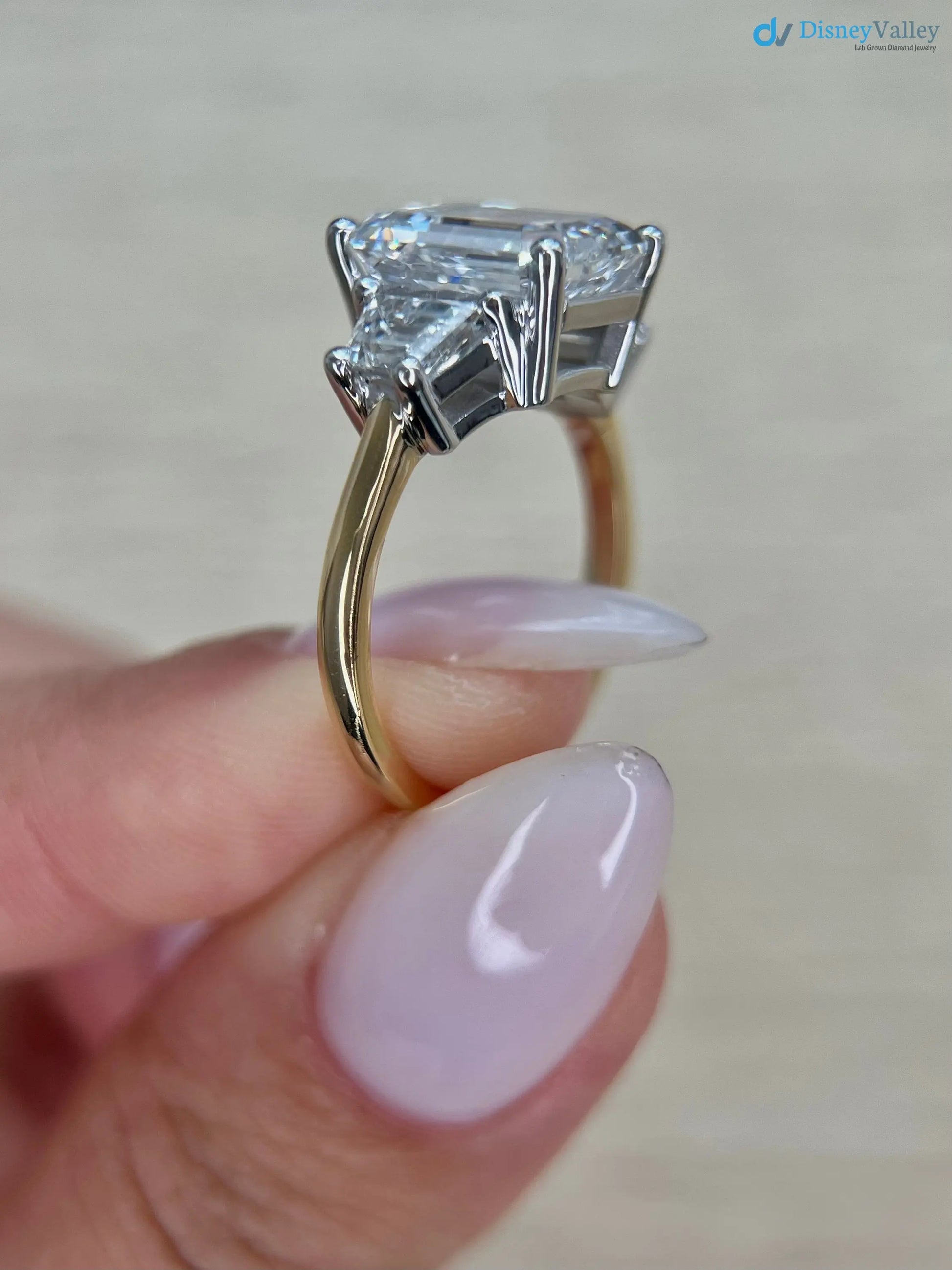 Two Tone Emerald Cut 5 carat IGI Certified Lab Grown Diamond Three Stone Engagement Ring - DisneyValley