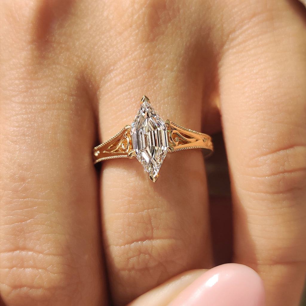 Hexagon Step Solitaire Diamond Ring In Milgrain Details