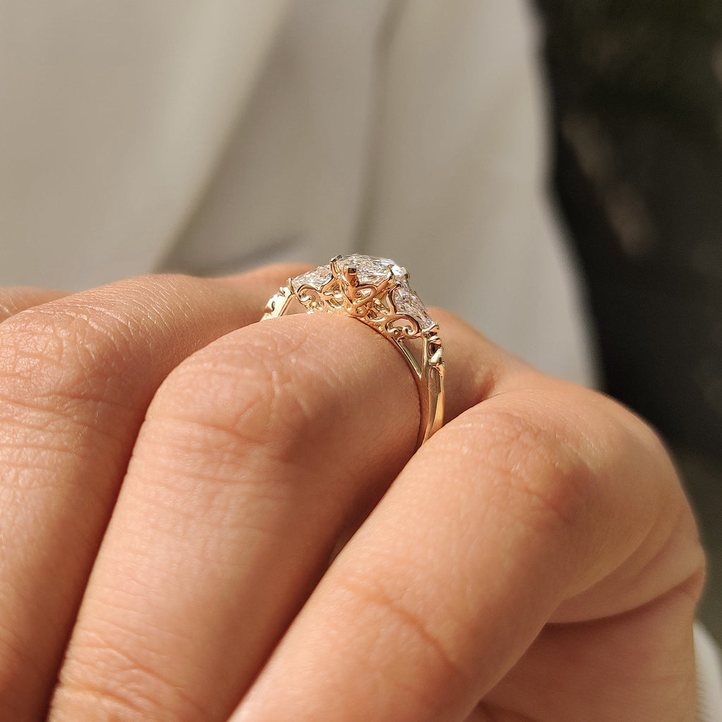 Vintage Style Marquise Diamond Ring with Basket Filigree Details
