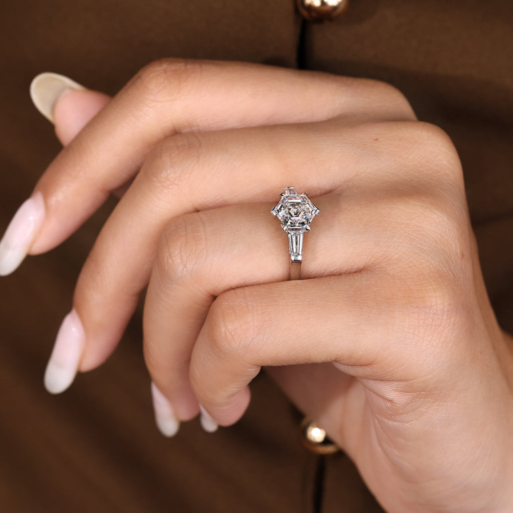 Hexagon and Tapered Baguette Cut Three Diamond Ring