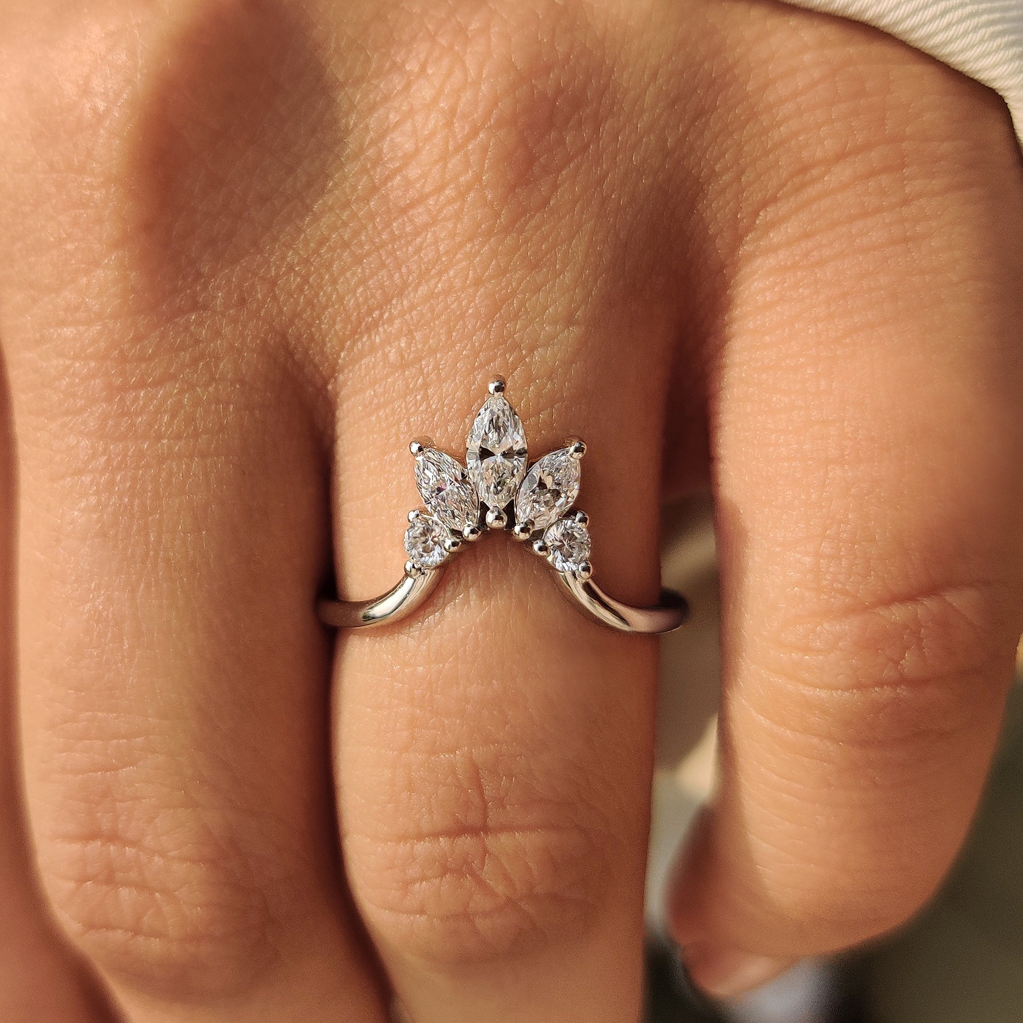 U Shape Curved Wedding Band with Marquise and Round Diamonds