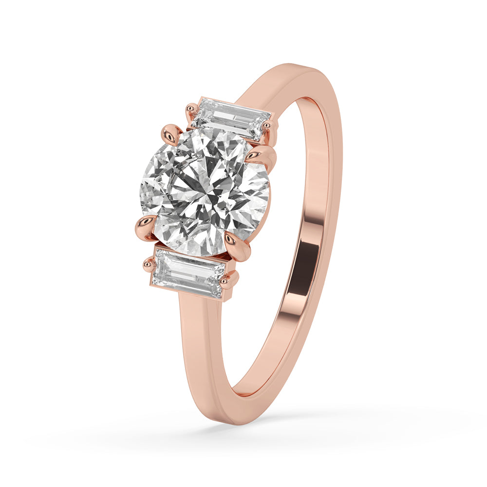 Round and Baguette Cut Three Stone Engagement Ring