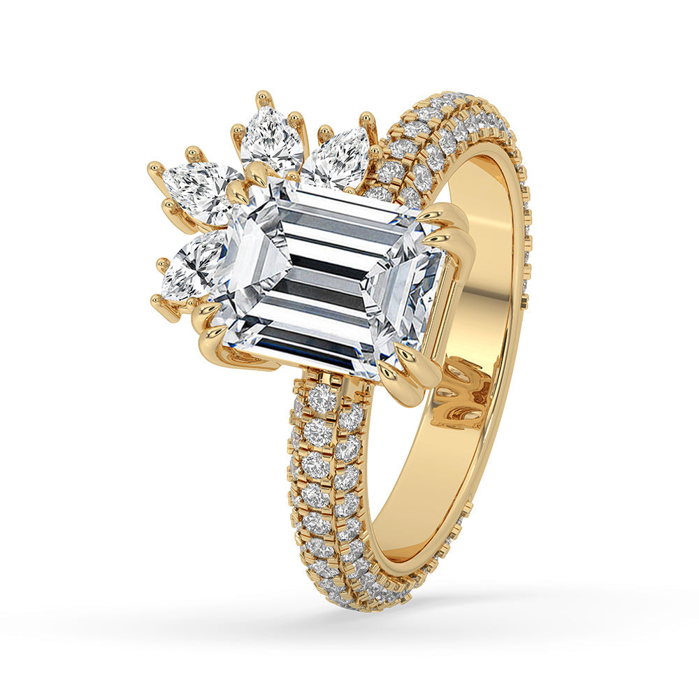 Emerald Diamond Ring with Three Side Pave Setting