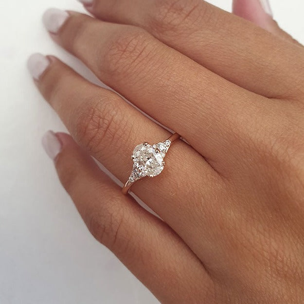 1.0 CT Oval Cut Cluster Style Moissanite Engagement Ring