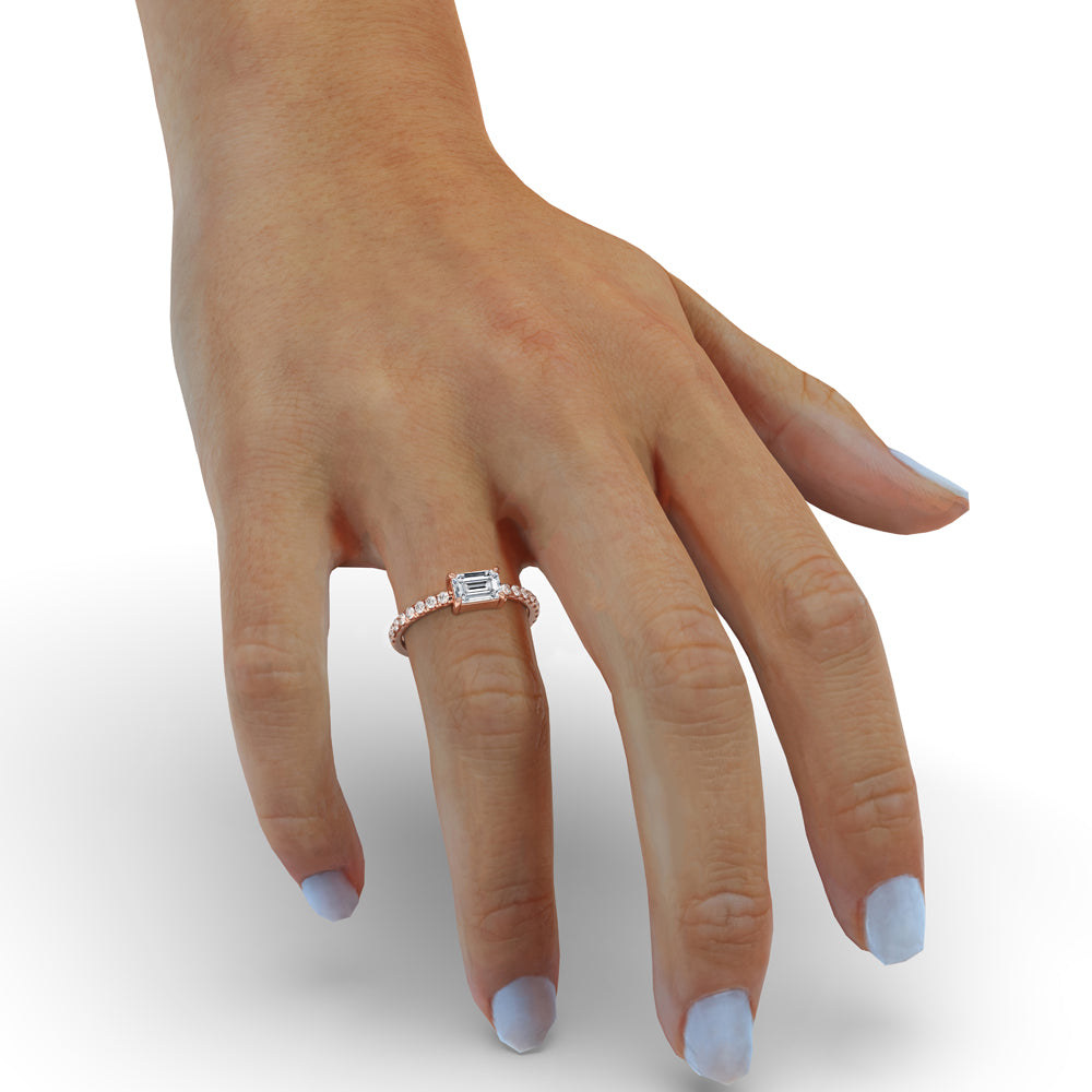 East West Emerald Cut Ring in Elegant Pave Setting