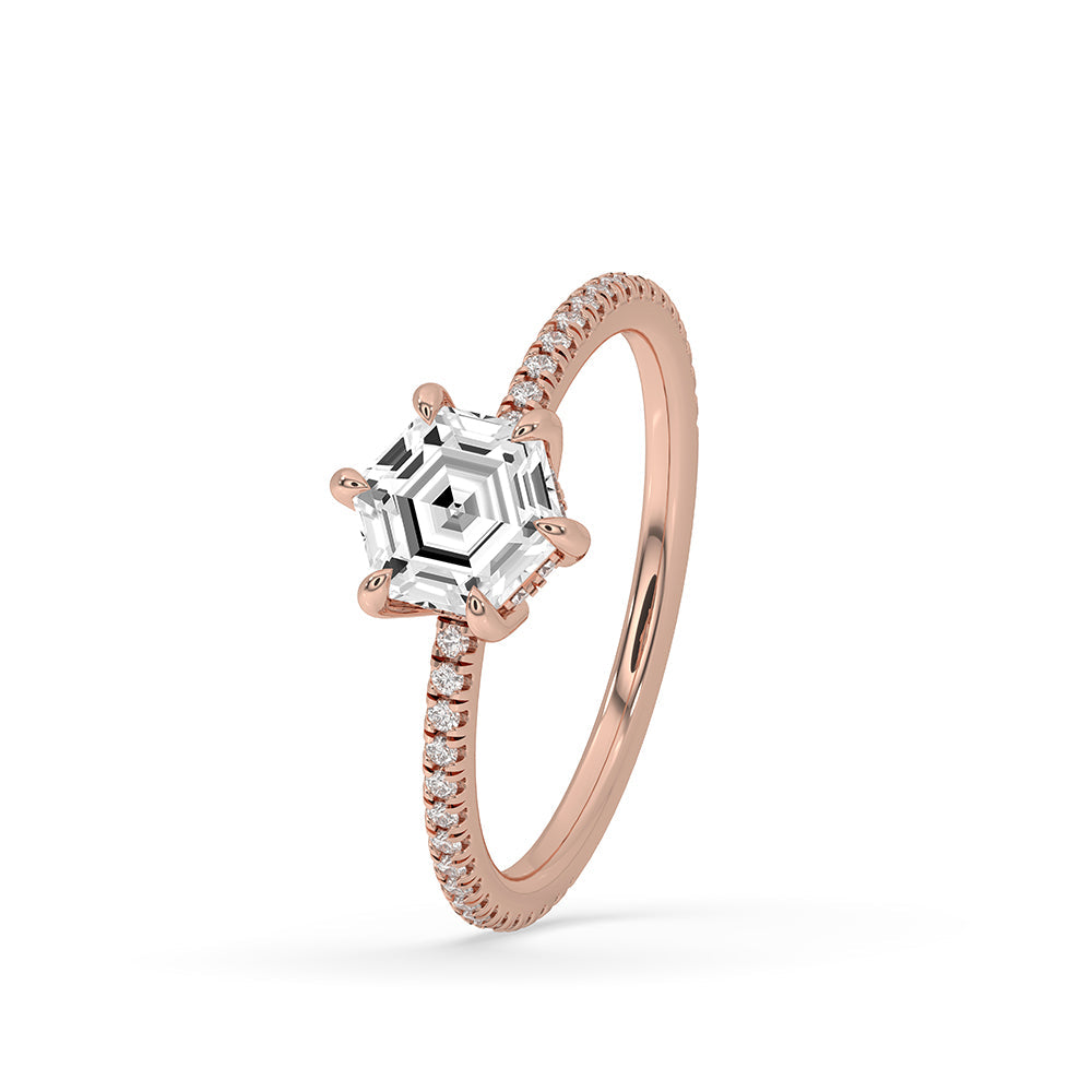 Hexagon Step Cut Hidden Halo Diamond Ring
