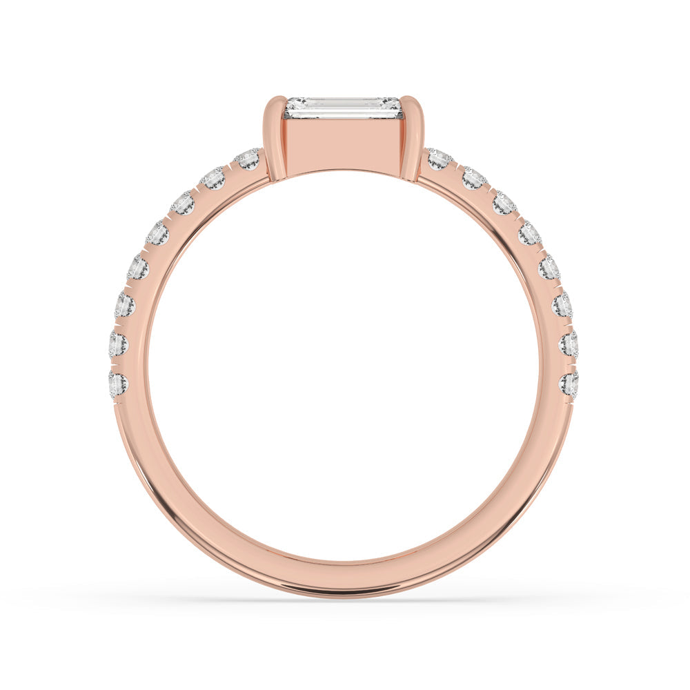 East West Emerald Cut Ring in Elegant Pave Setting