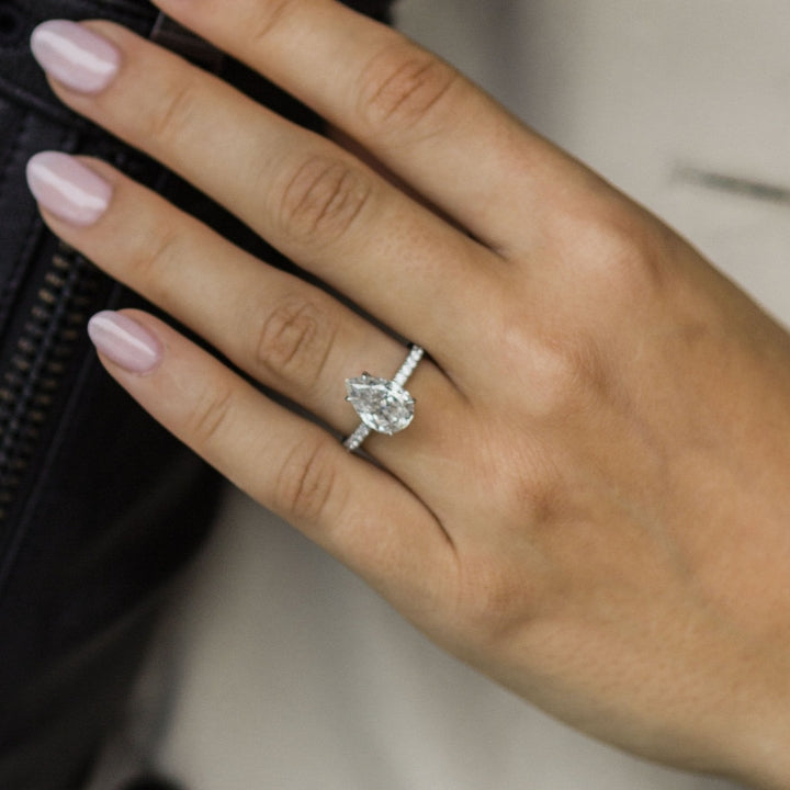 1.10 - 3.10 Pear Moissanite Hidden Halo & Pave Setting Engagement Ring