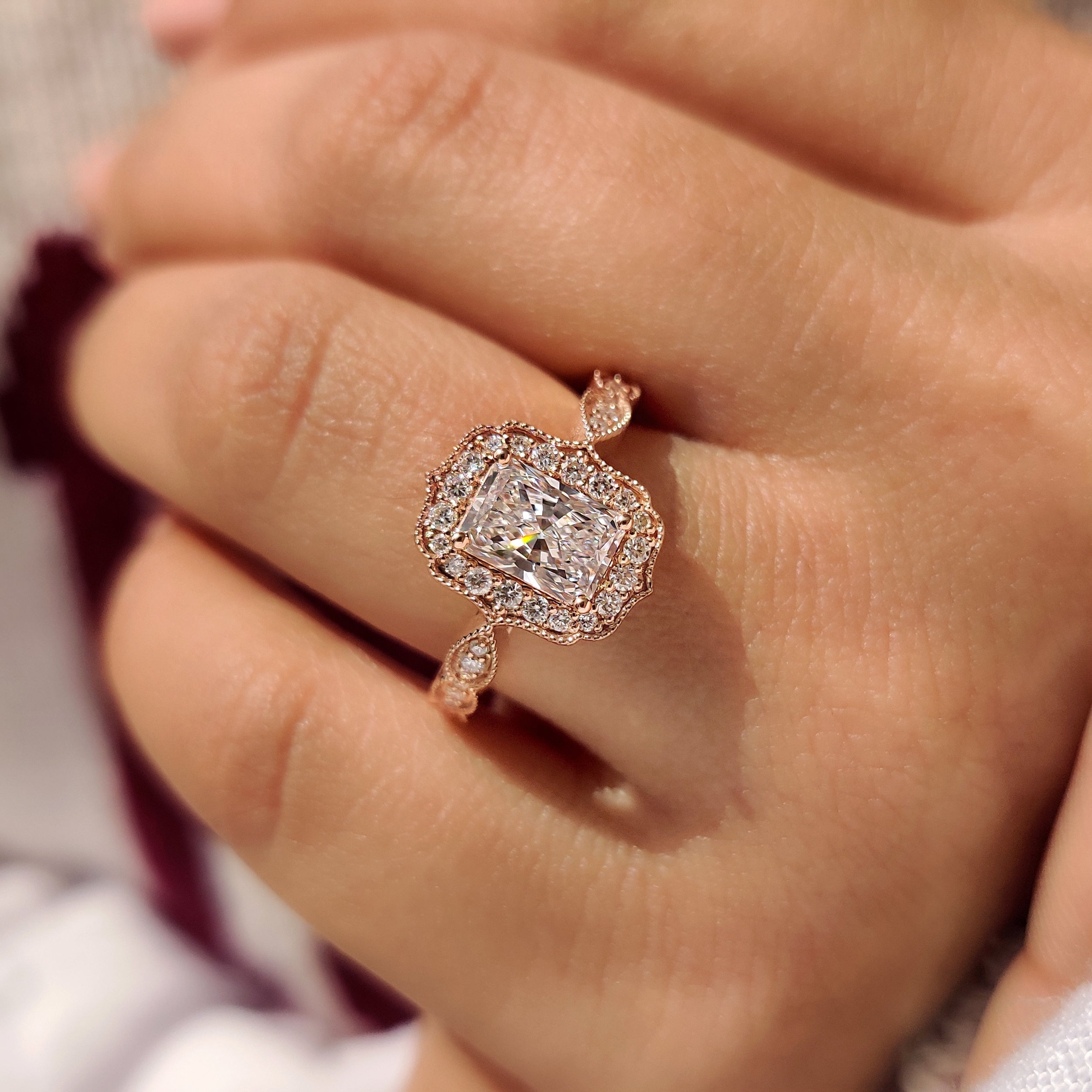 Radiant Cut Diamond Ring in Milgrain Vintage Style Secondary image