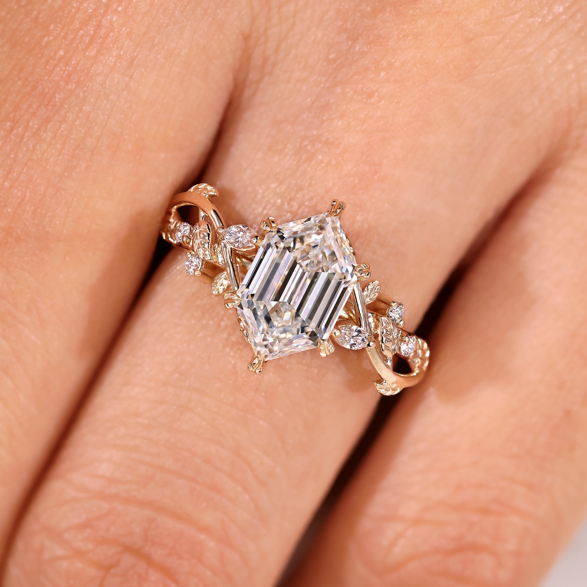 Nature Inspired Ring with Elongated Hexagon Step Cut Diamond