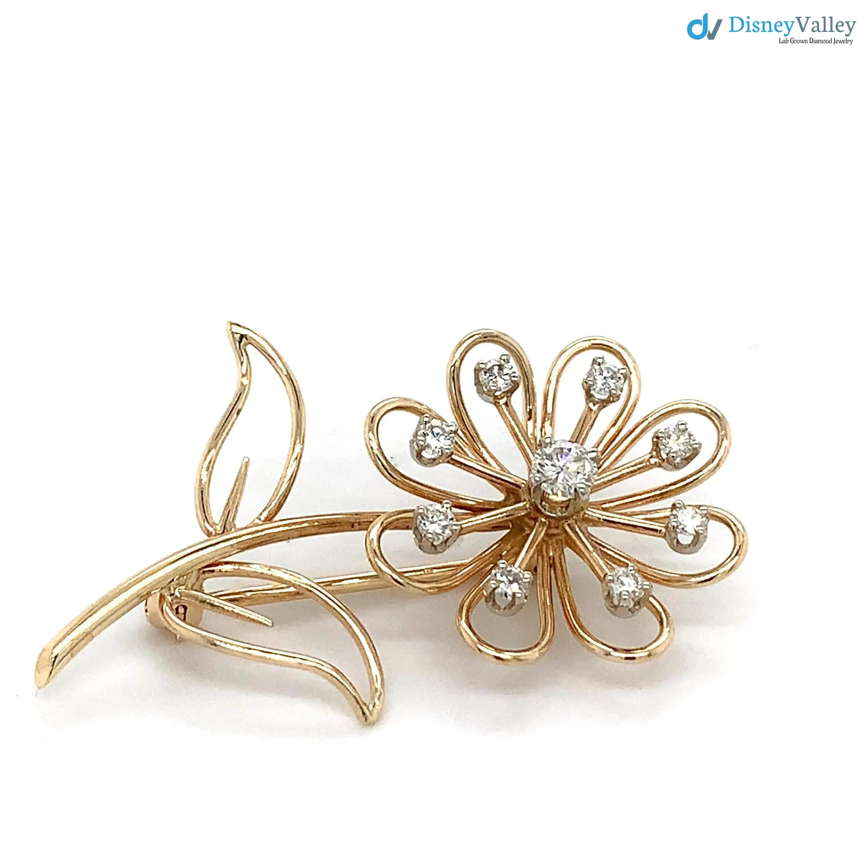 Vintage 14k Yellow Gold Round White Diamond Flower Motif Brooch Pin DisneyValley