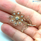 Vintage 14k Yellow Gold Round White Diamond Flower Motif Brooch Pin DisneyValley