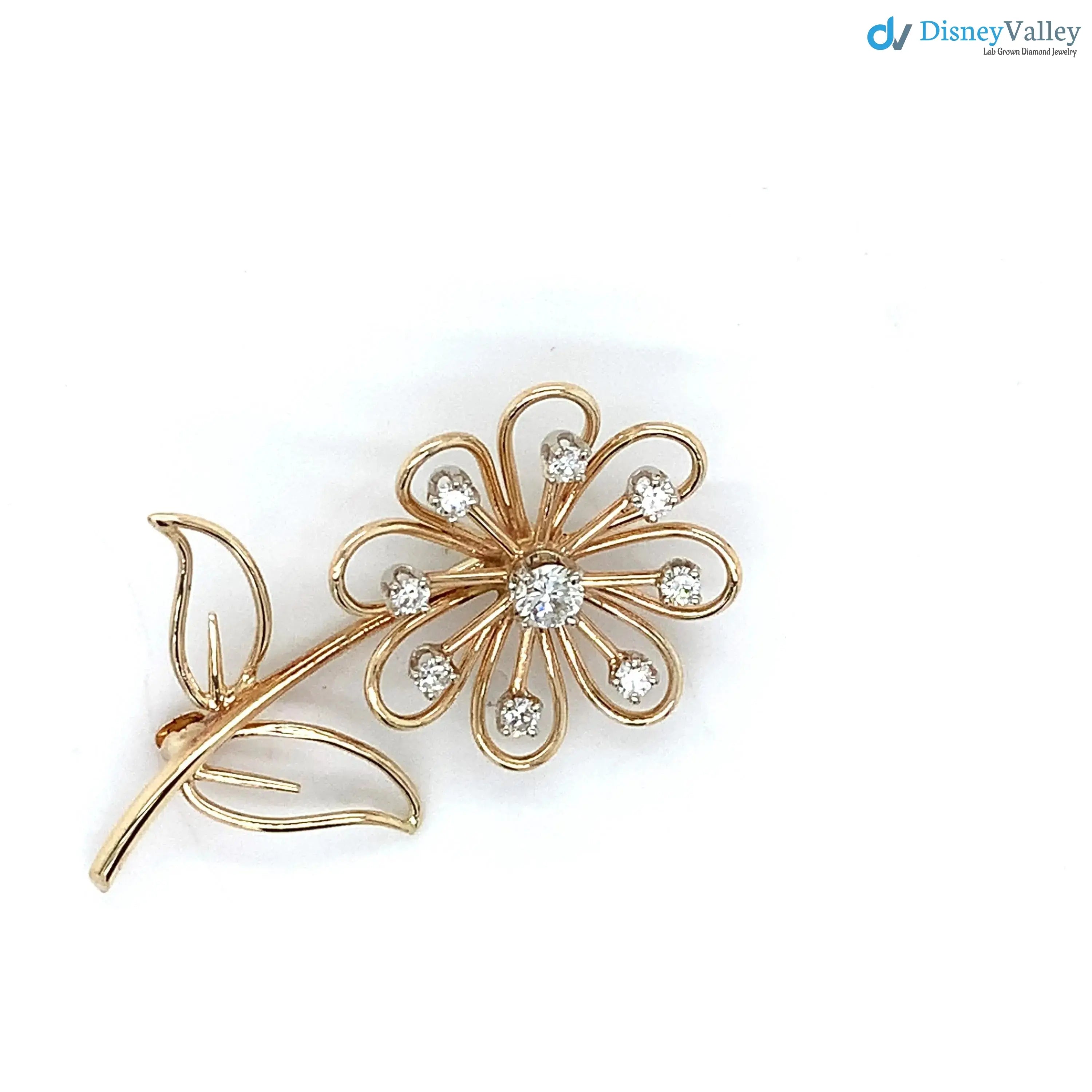 Vintage 14k Yellow Gold Round White Diamond Flower Motif Brooch Pin DisneyValley