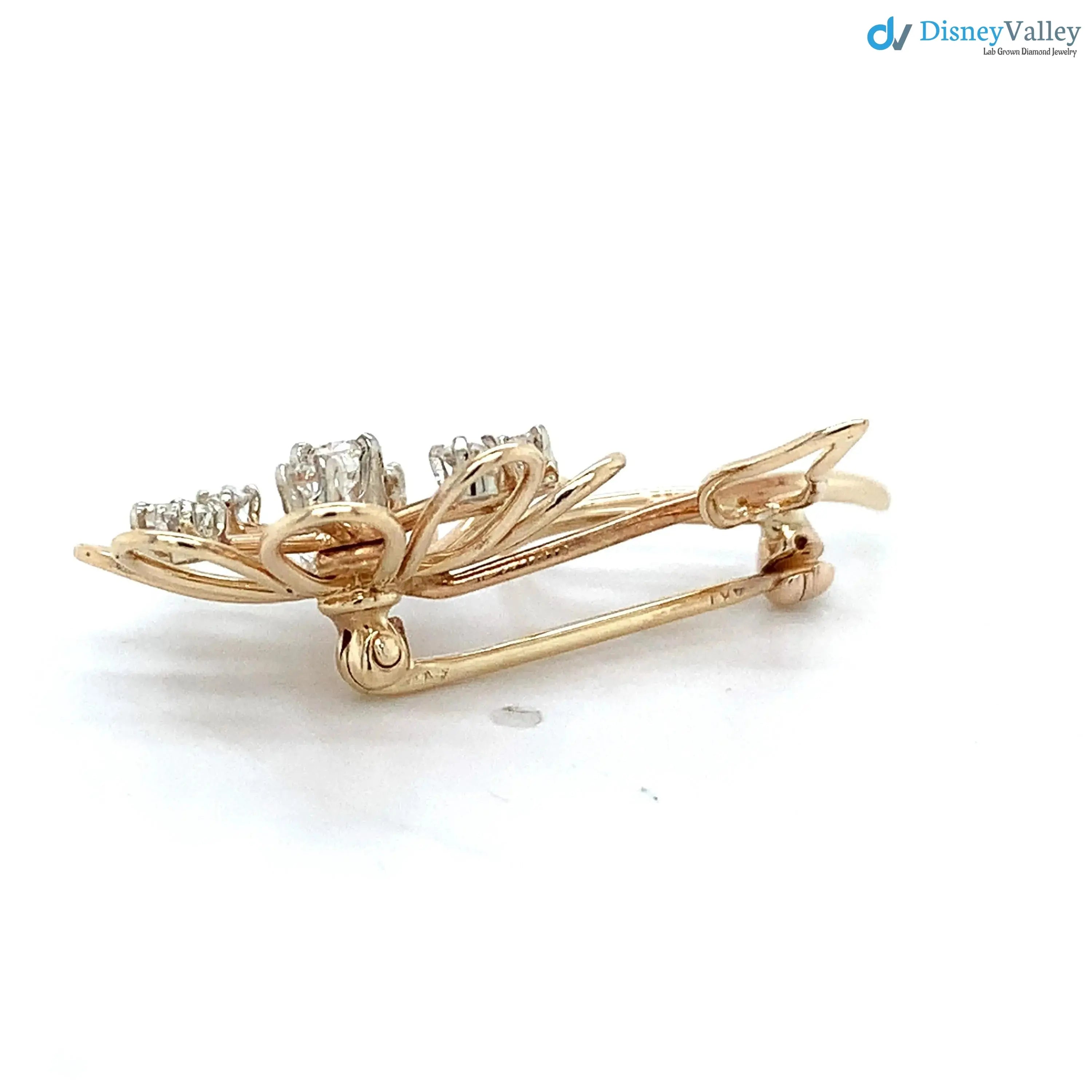 Vintage 14k Yellow Gold Round White Diamond Flower Motif Brooch Pin DisneyValley