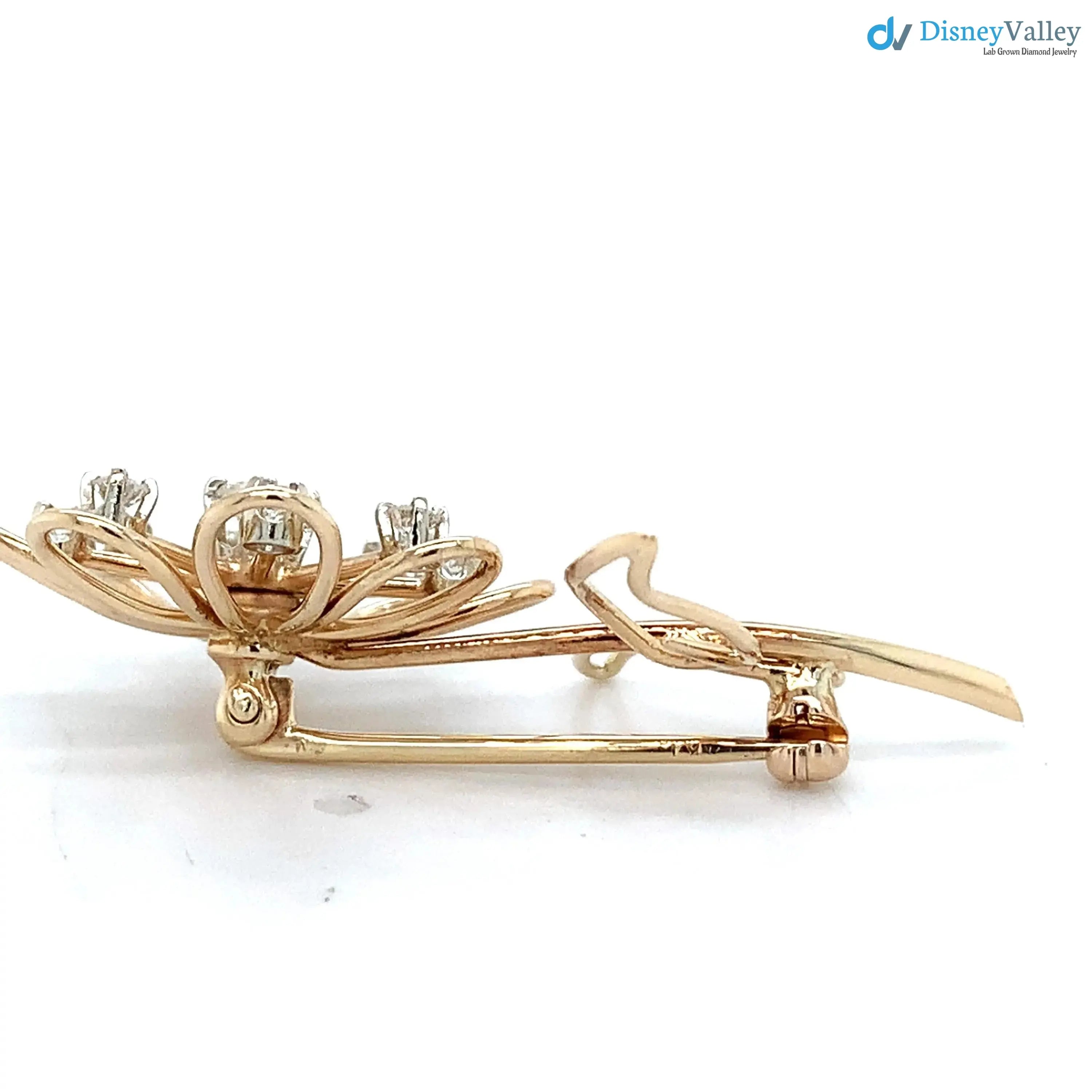 Vintage 14k Yellow Gold Round White Diamond Flower Motif Brooch Pin DisneyValley