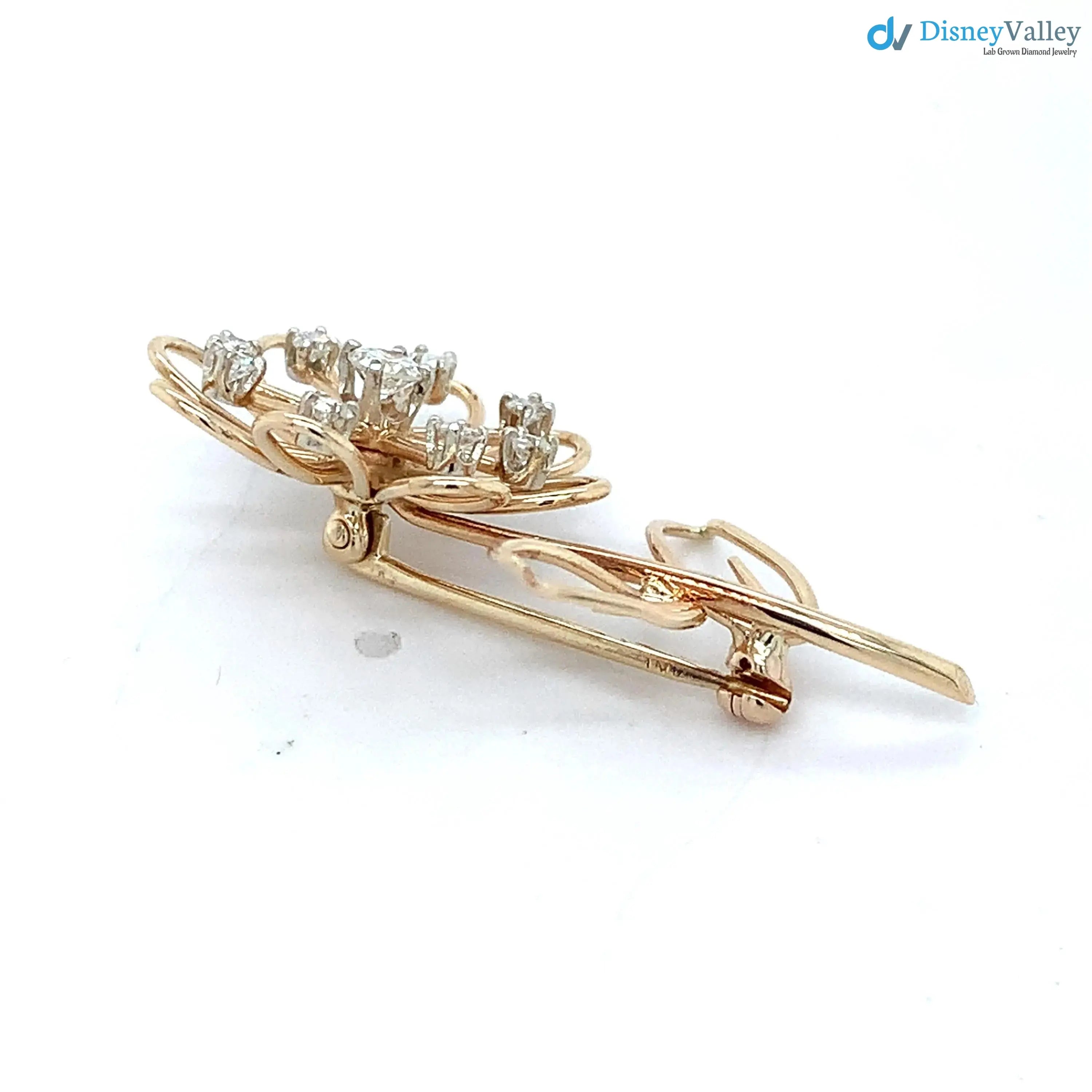 Vintage 14k Yellow Gold Round White Diamond Flower Motif Brooch Pin DisneyValley