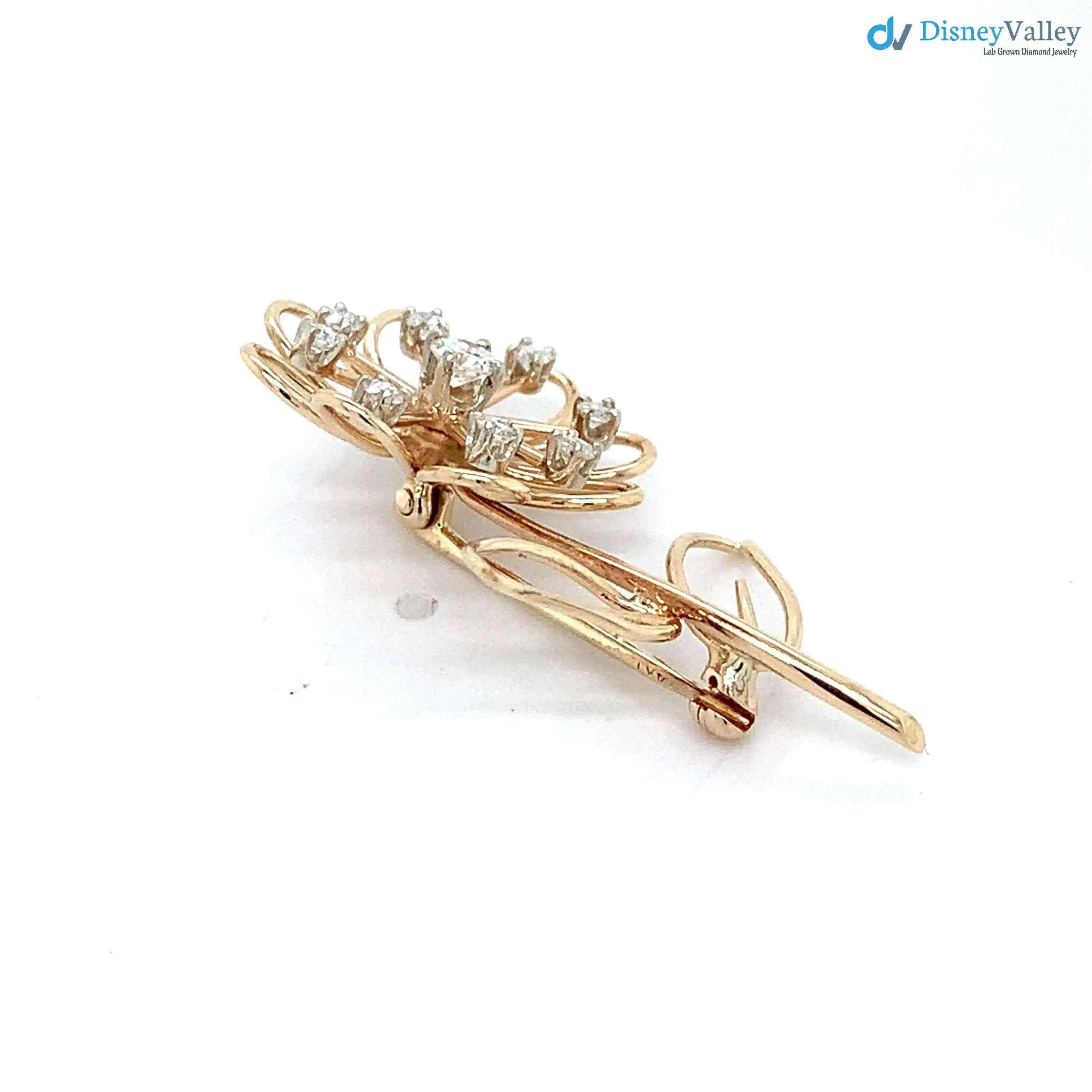 Vintage 14k Yellow Gold Round White Diamond Flower Motif Brooch Pin DisneyValley