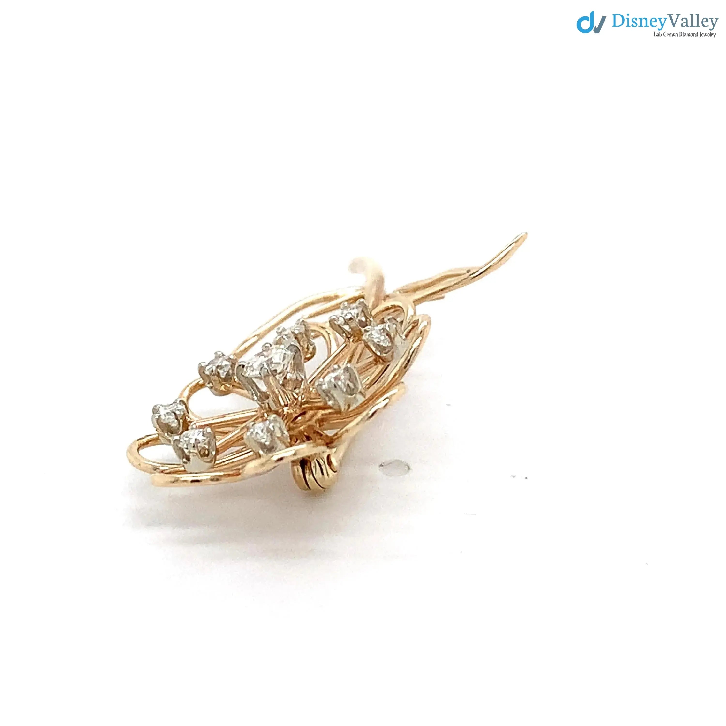 Vintage 14k Yellow Gold Round White Diamond Flower Motif Brooch Pin DisneyValley