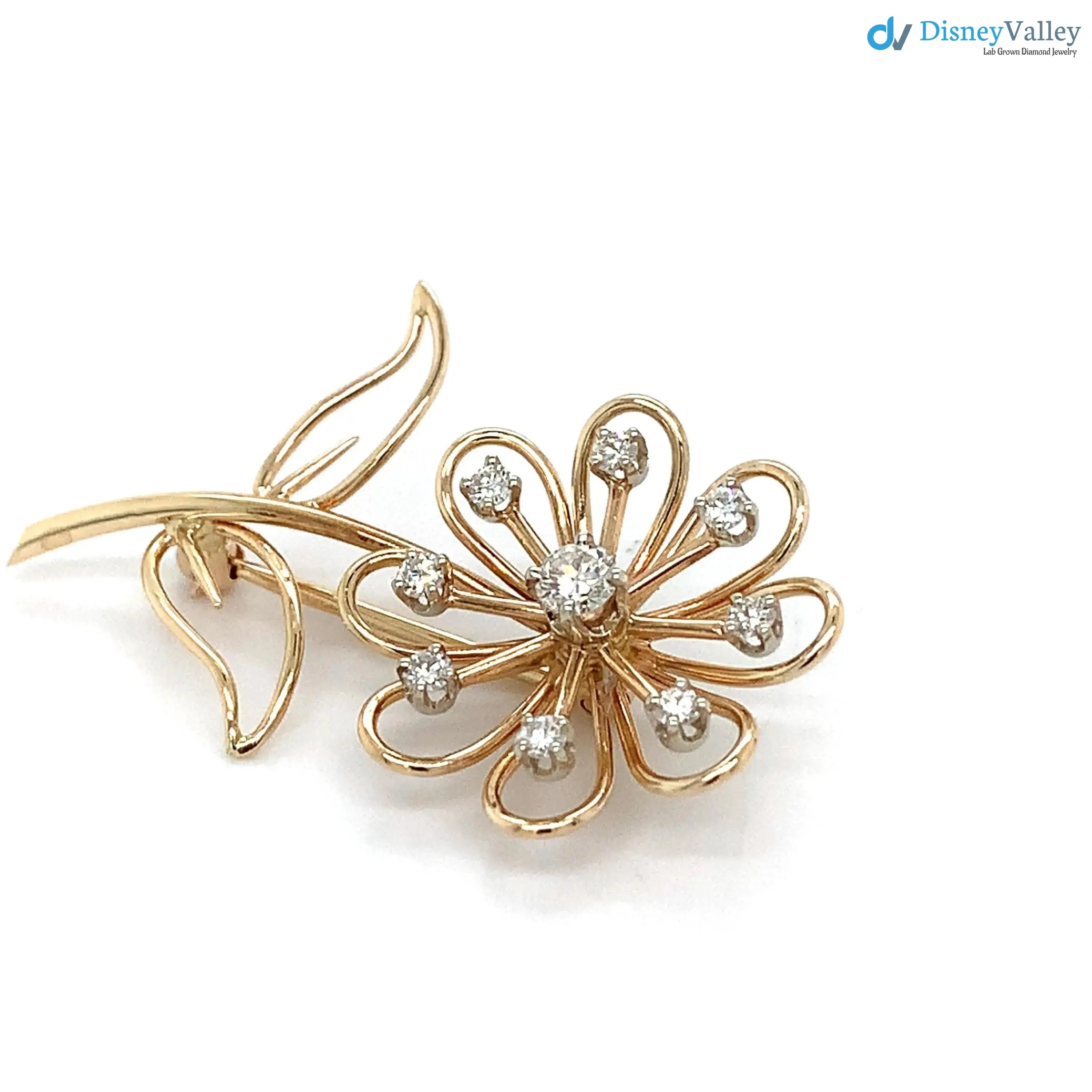 Vintage 14k Yellow Gold Round White Diamond Flower Motif Brooch Pin DisneyValley