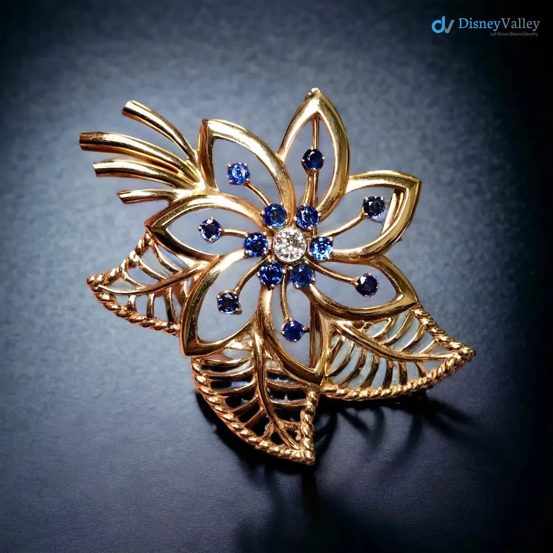 Vintage Retro 14K Rose Gold Diamond Sapphire Flower Brooch Pendant DisneyValley Main image