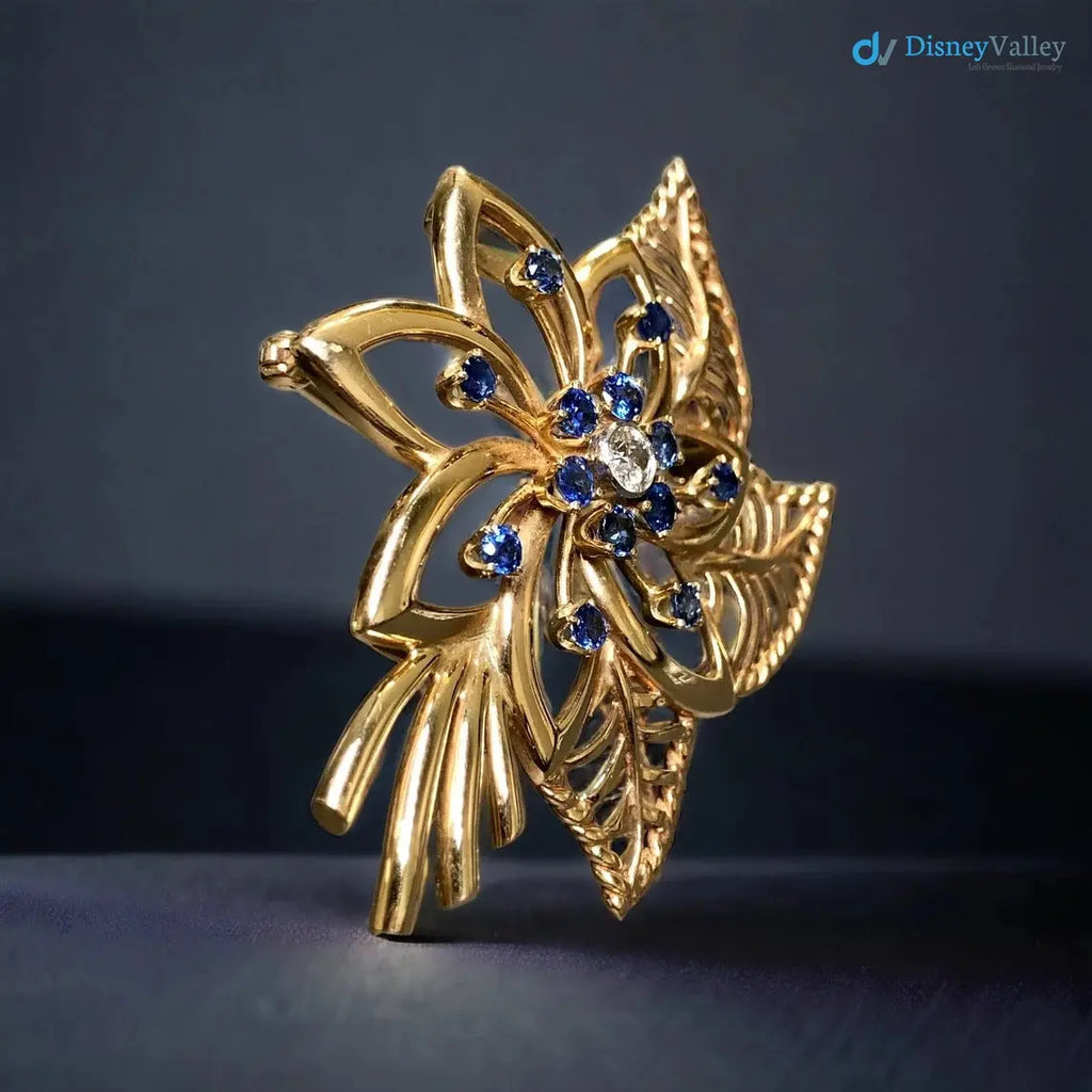 Vintage Retro 14K Rose Gold Diamond Sapphire Flower Brooch Pendant DisneyValley