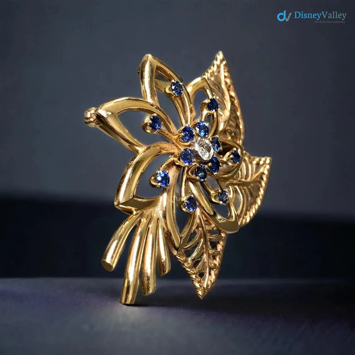 Vintage Retro 14K Rose Gold Diamond Sapphire Flower Brooch Pendant DisneyValley